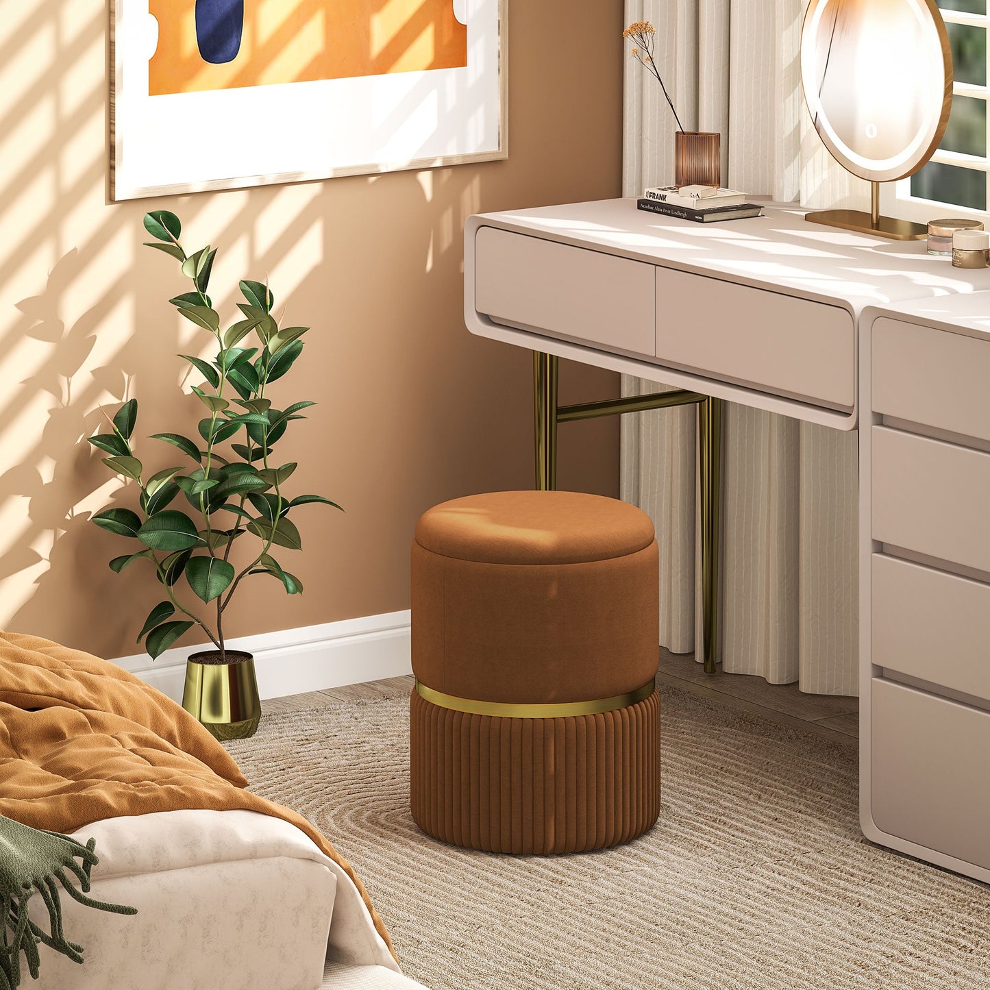 HOMCOM Round Pouffe, Velvet-feel Fabric Upholstered Storage Foot Stool with Removable Top, Padded Seat and Hidden Space for Living Room, Light Brown