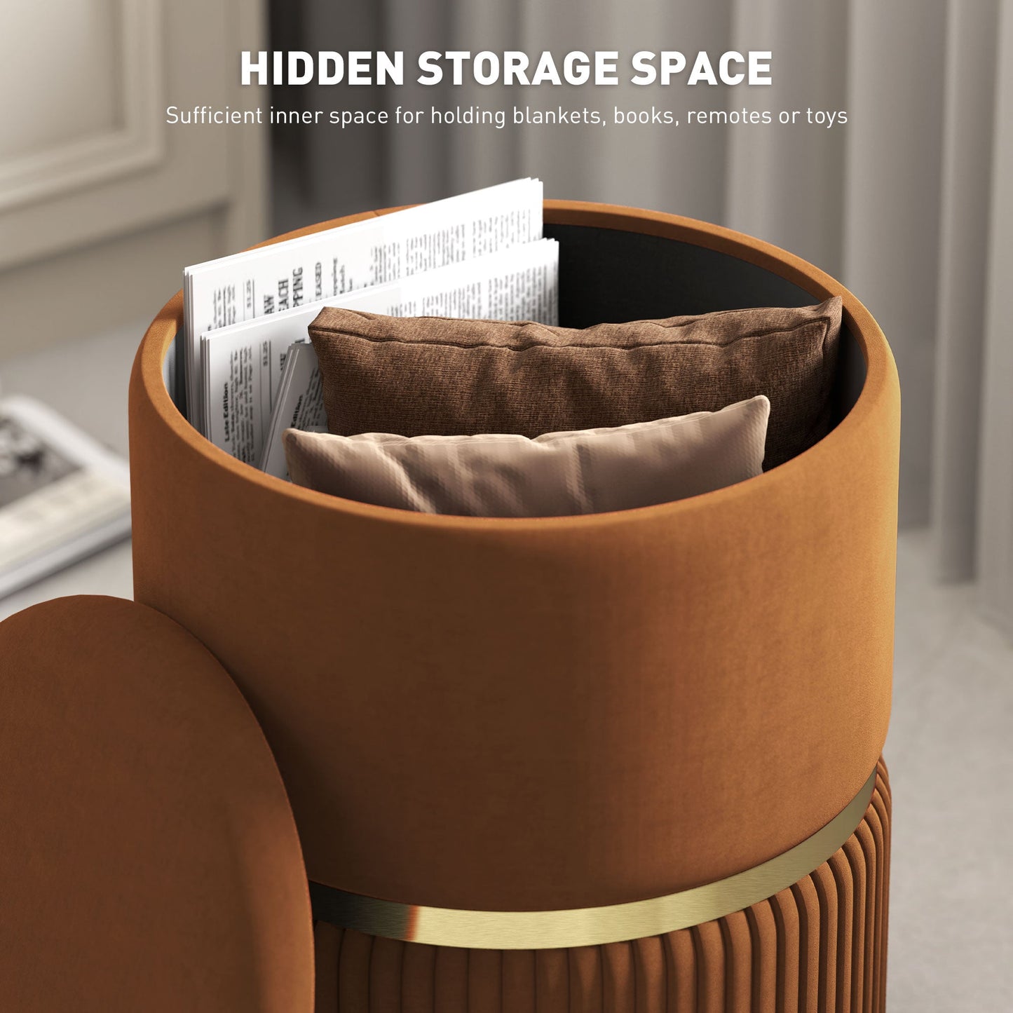HOMCOM Round Pouffe, Velvet-feel Fabric Upholstered Storage Foot Stool with Removable Top, Padded Seat and Hidden Space for Living Room, Light Brown