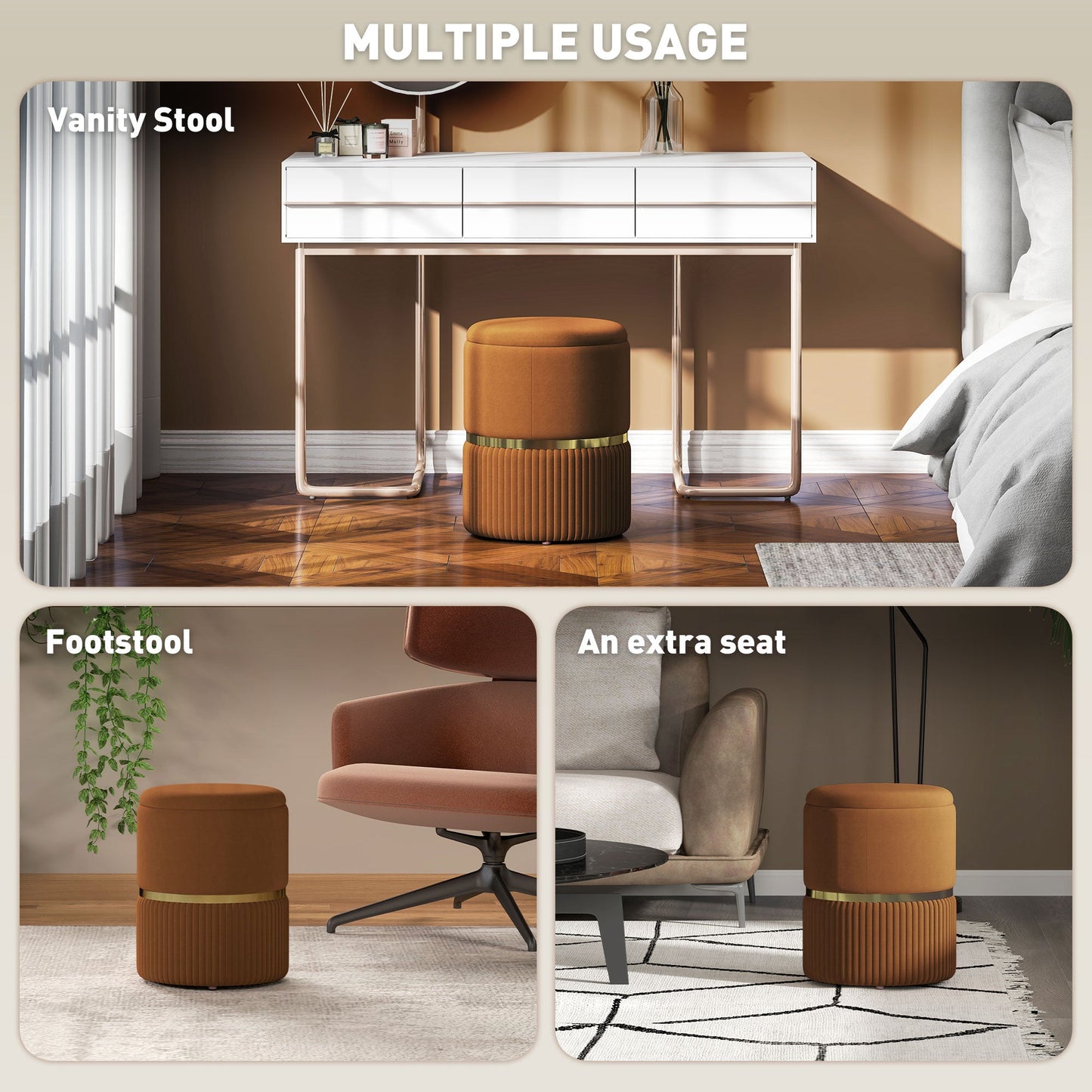 HOMCOM Round Pouffe, Velvet-feel Fabric Upholstered Storage Foot Stool with Removable Top, Padded Seat and Hidden Space for Living Room, Light Brown
