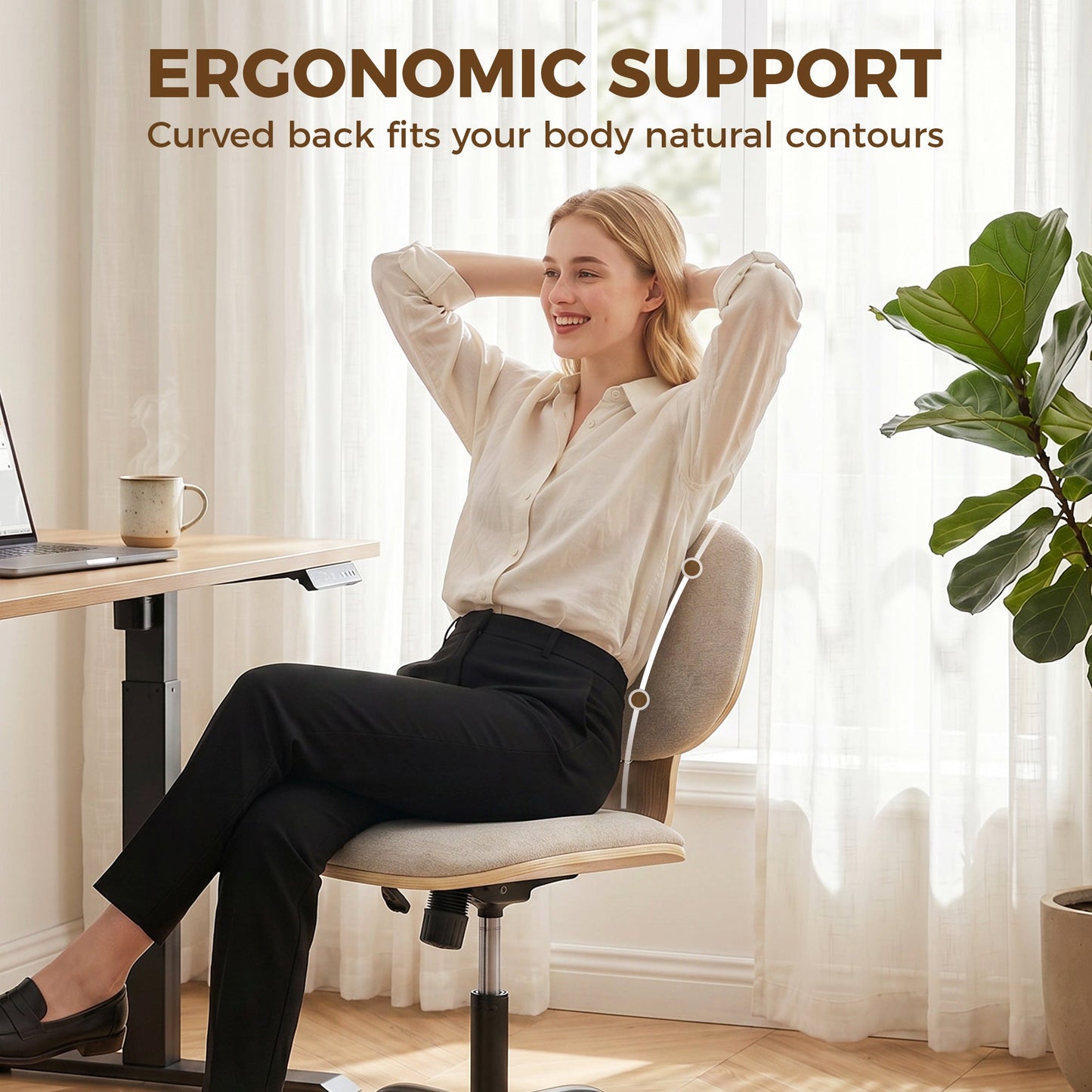 Home Office Chair, Swivel Computer Desk Chair with Rocking Function, Adjustable Height, Curved Back, Wheels, Armless, Light Grey