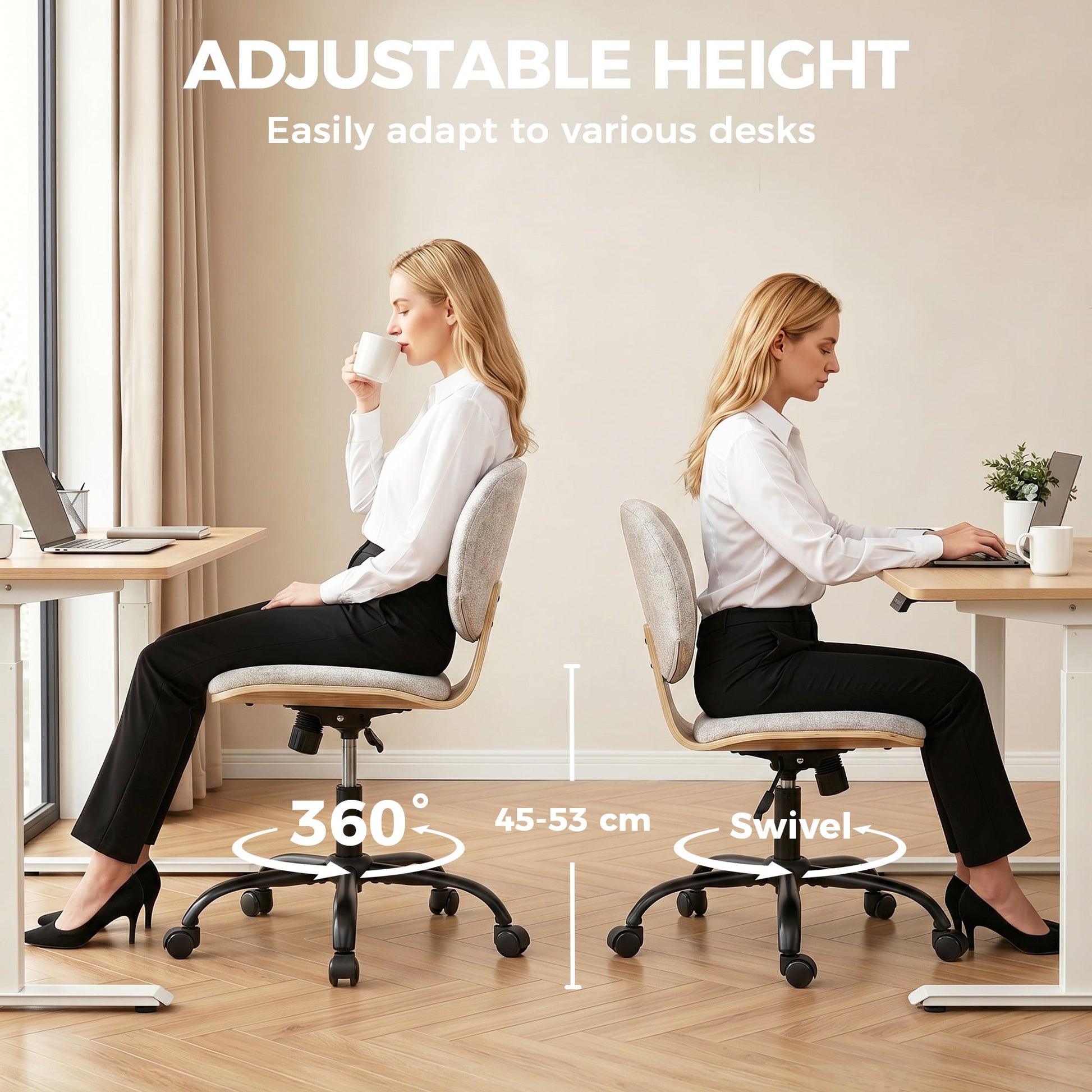 Home Office Chair, Swivel Computer Desk Chair with Rocking Function, Adjustable Height, Curved Back, Wheels, Armless, Light Grey
