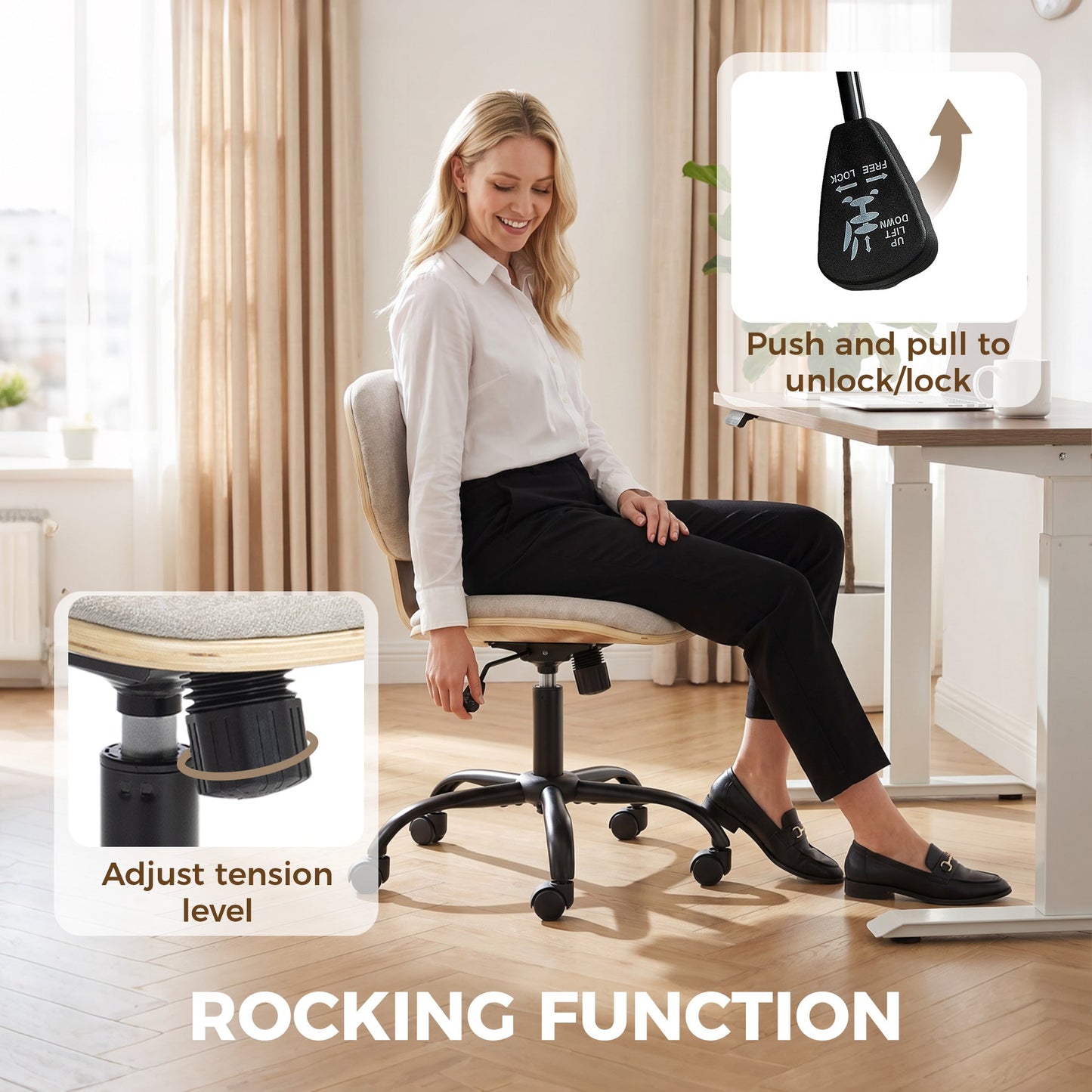 Home Office Chair, Swivel Computer Desk Chair with Rocking Function, Adjustable Height, Curved Back, Wheels, Armless, Light Grey