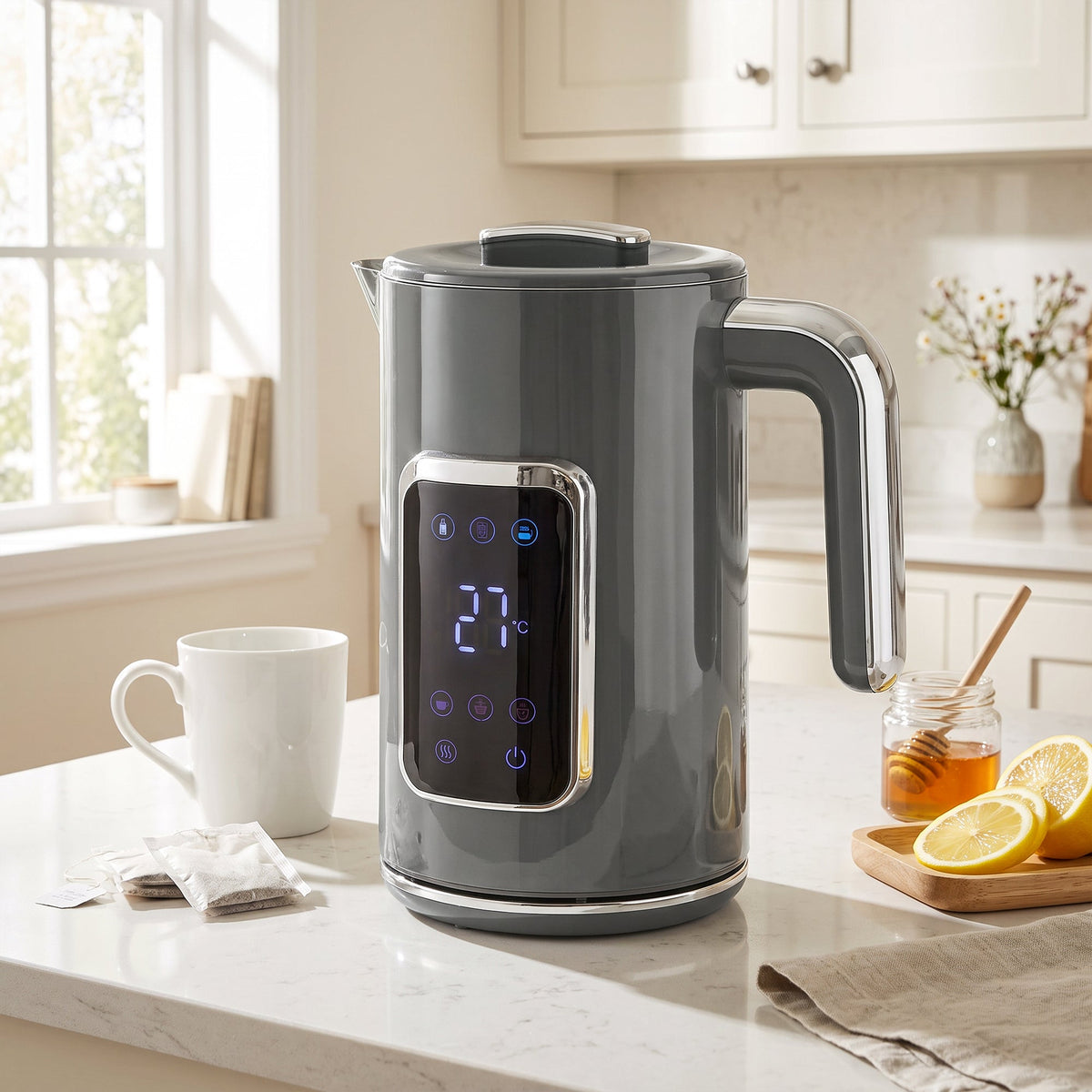 Electric Kettle, 1.7L Fast Boil 3000W Water Kettle with LED Display, Adjustable Temperature, Keep Warm Function, Auto Shut-off Boil-Dry Protection, Double-Wall, Grey
