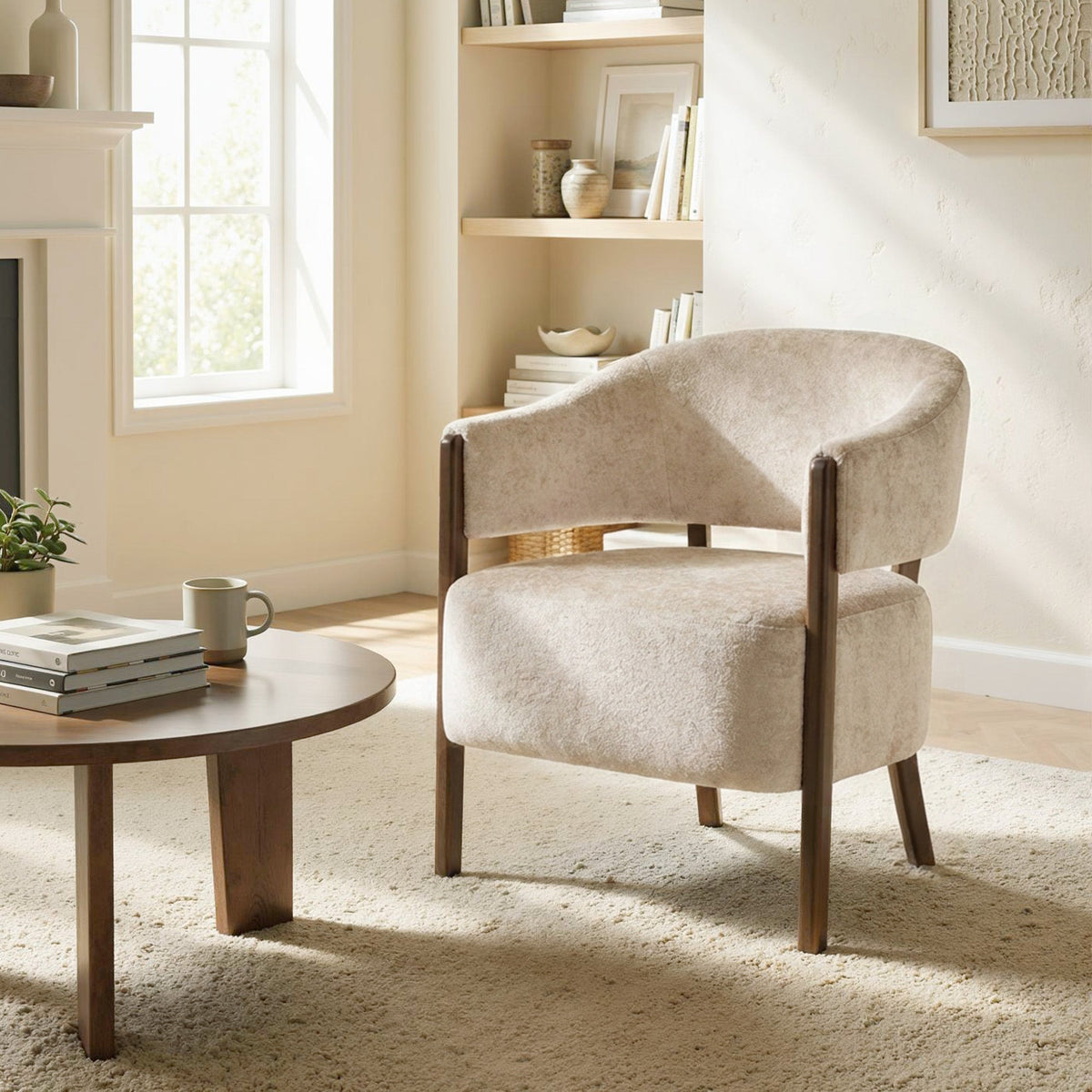 Accent Chair, Chenille Upholstered Tub Chair with Wide Seat, Solid Wood Frame and Legs, Comfy Armchair for Living Room, Bedroom, Beige