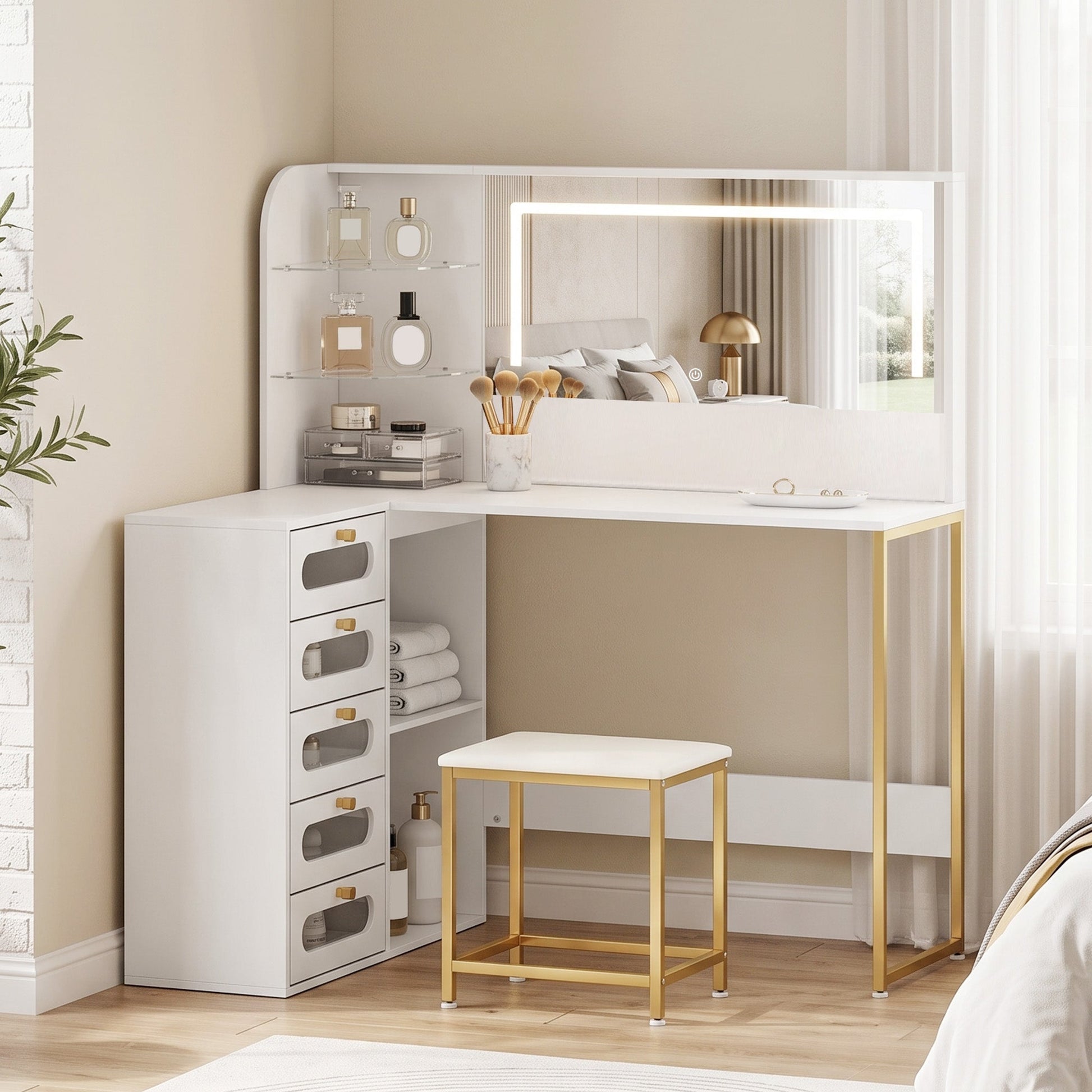 Dressing Table with Adjustable LED Mirror and Padded Stool, Corner L-Shaped Vanity Desk with 5 Drawers, 2 Open Shelves, 2 Glass Shelves, Modern Makeup Table for Bedroom, 120x80x135 cm, White