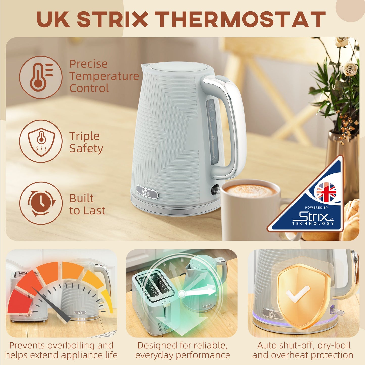 Kettle and Toaster Set, 1.7L 3000W Rapid Boil Jug Kettle with Otter Thermostat, Limescale Filter, 2 Slice Toaster with 7 Browning Controls, Crumb Tray, Grey