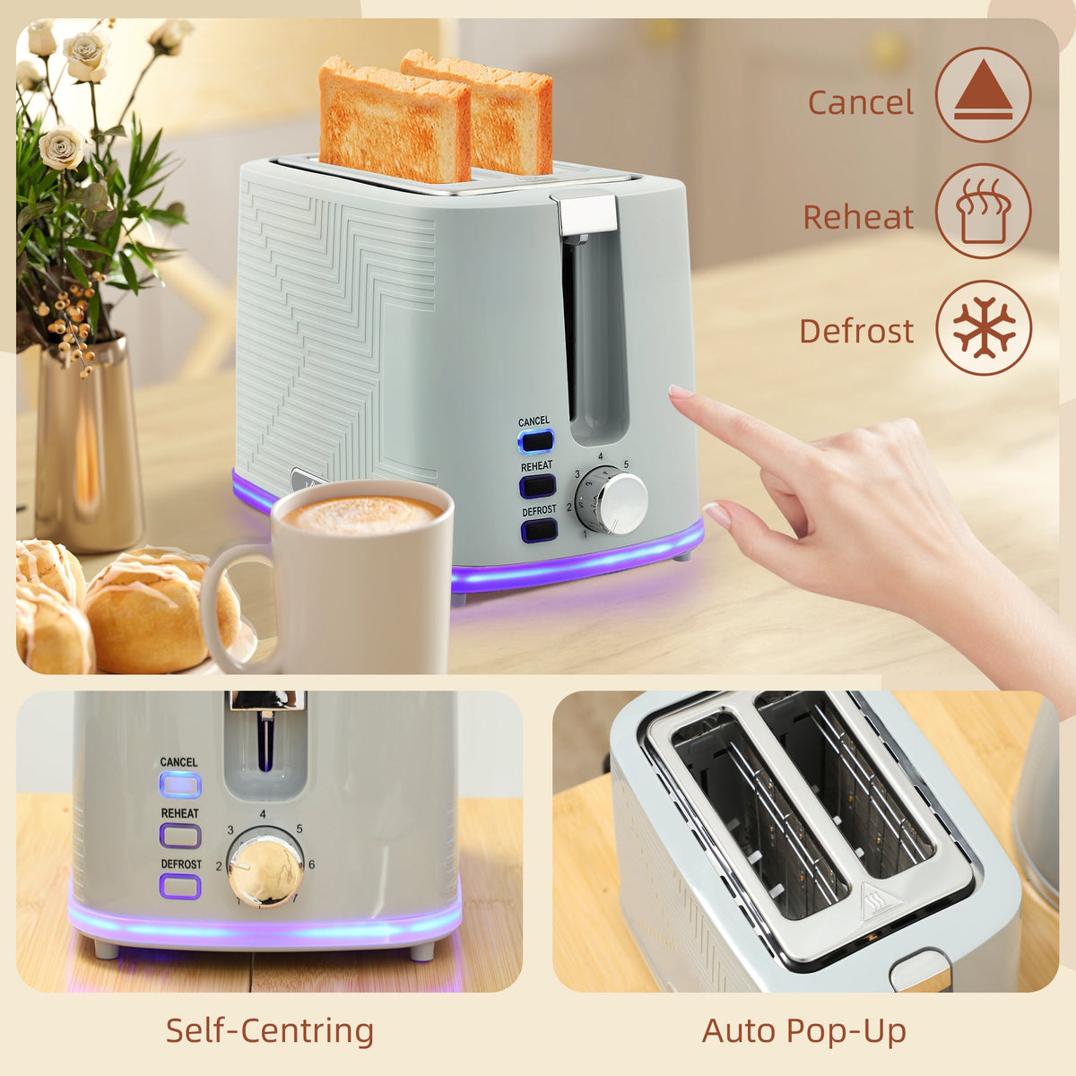 Kettle and Toaster Set, 1.7L 3000W Rapid Boil Jug Kettle with Otter Thermostat, Limescale Filter, 2 Slice Toaster with 7 Browning Controls, Crumb Tray, Grey