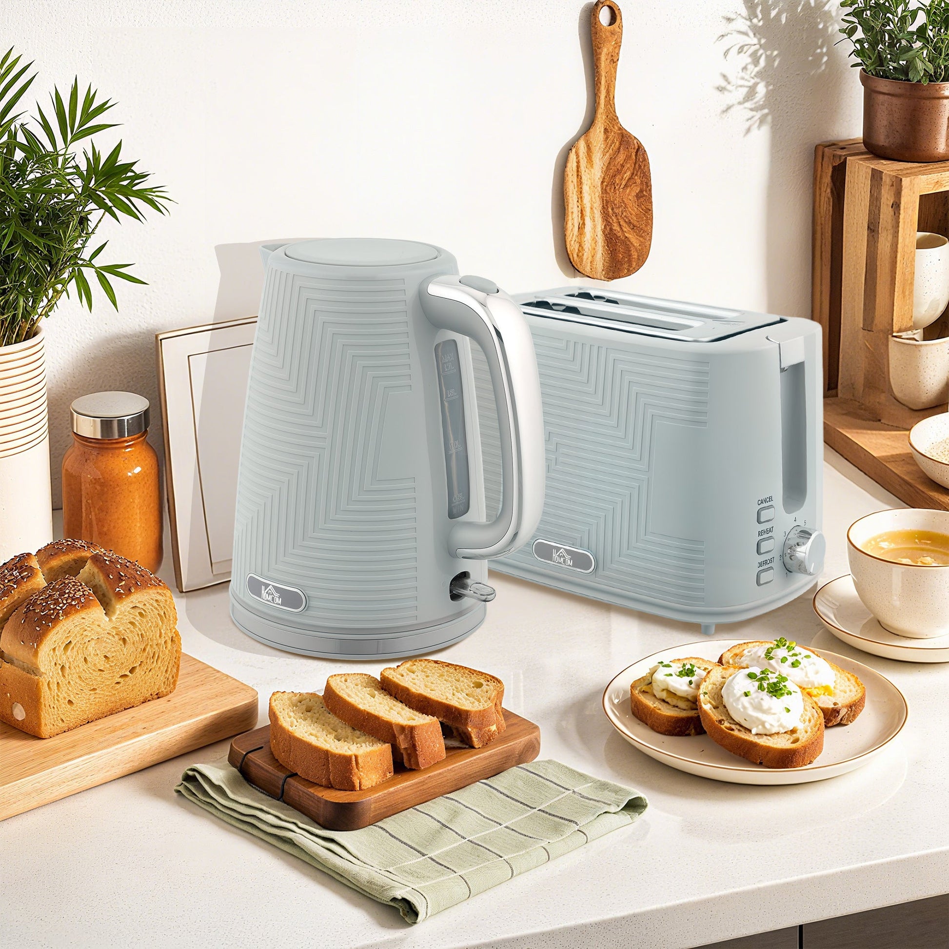Kettle and Toaster Set, 1.7L 3000W Rapid Boil Jug Kettle with Otter Thermostat, Limescale Filter, 2 Slice Toaster with 7 Browning Controls, Crumb Tray, Grey