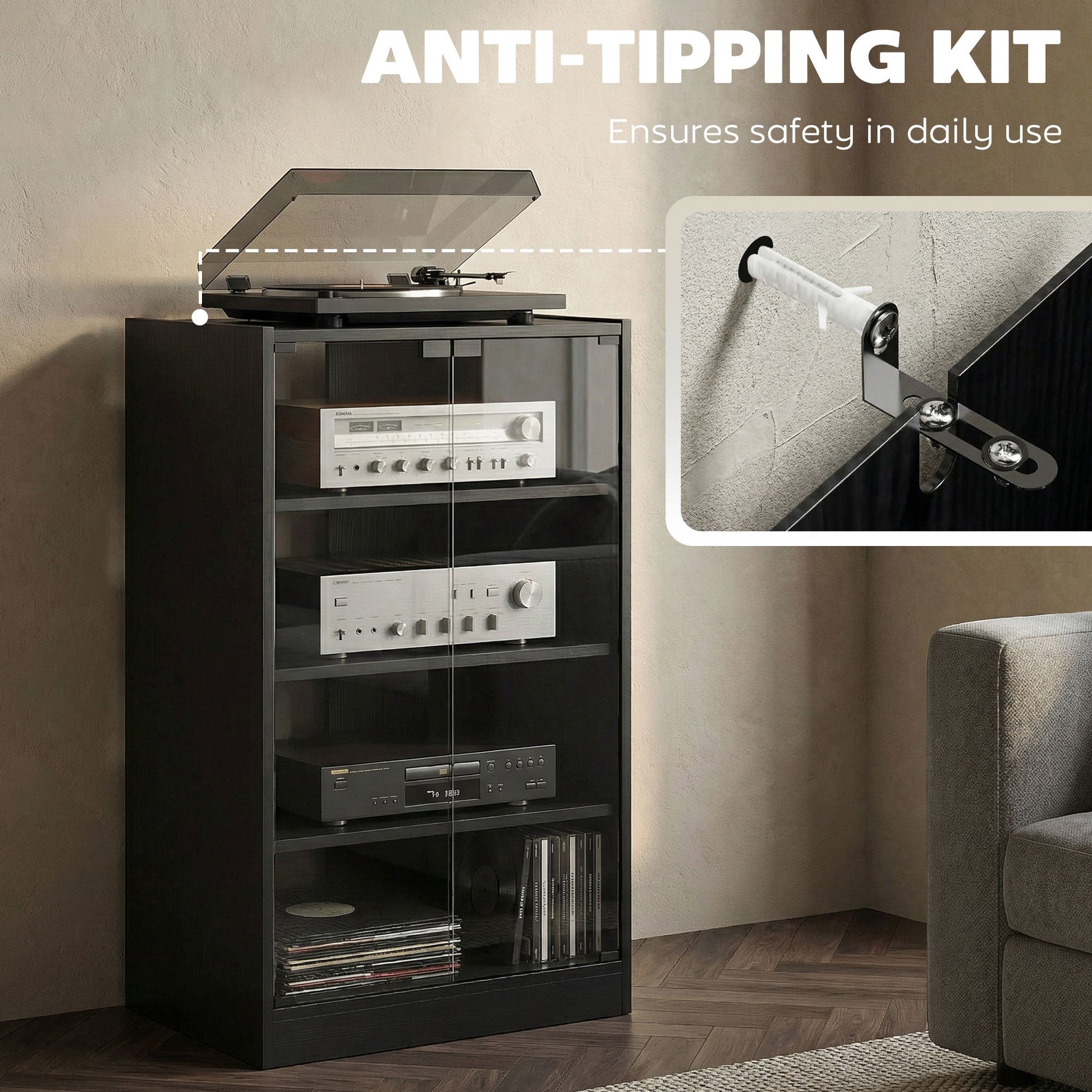 Record Player Stand with Storage, 4-Tier Hi-Fi Stand, Media Cabinet with Adjustable Shelves, Push-to-Open Glass Doors and Cable Management for Music Room and Living Room, Black Wood-Effect