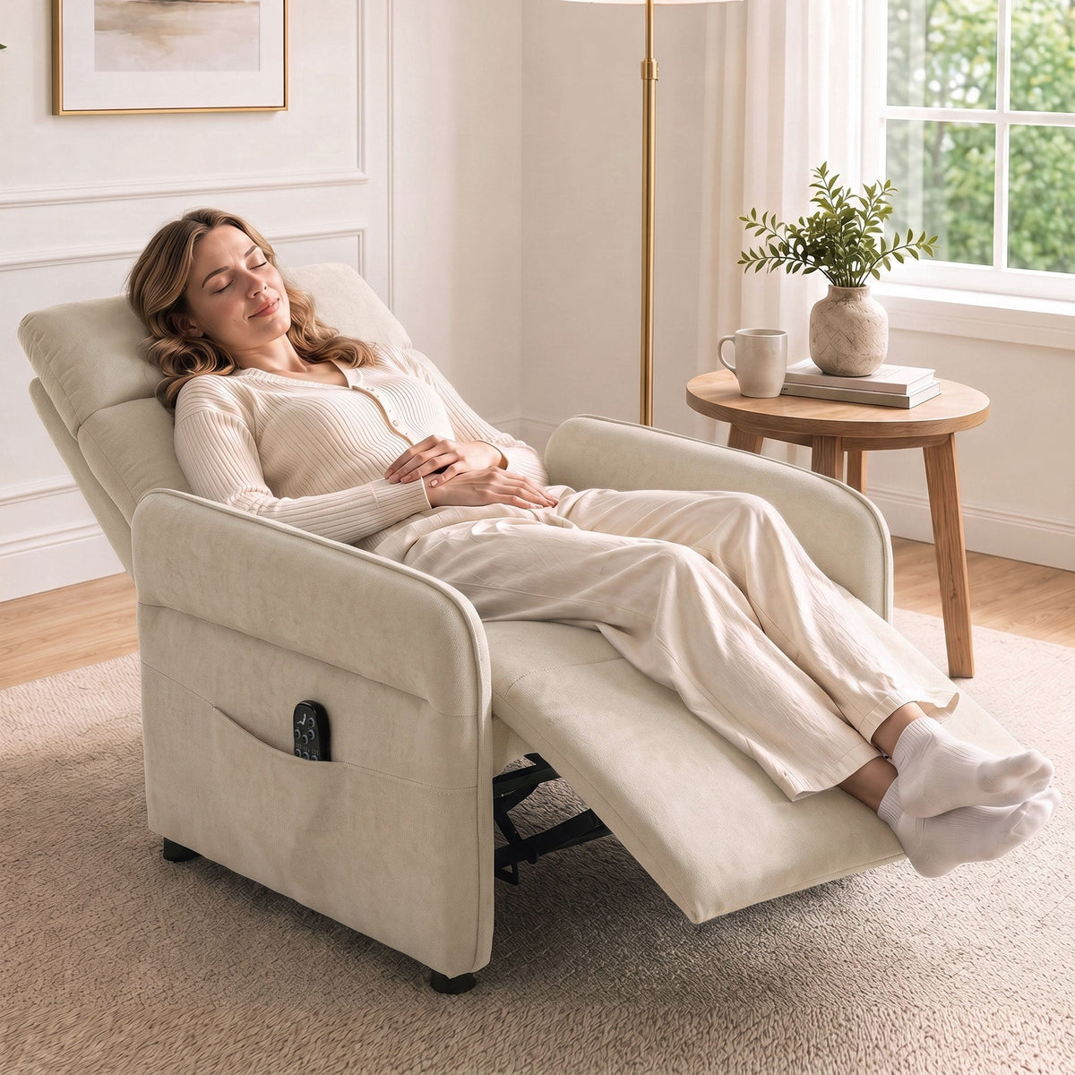 Recliner Armchair, Push Back Recliner Chair w/ Massage & Heat, Adjustable Armrests, Spring Seat, Terry Cloth Manual Reclining Single Sofa w/ Footrest, Side Pockets for Home Living Room, Beige