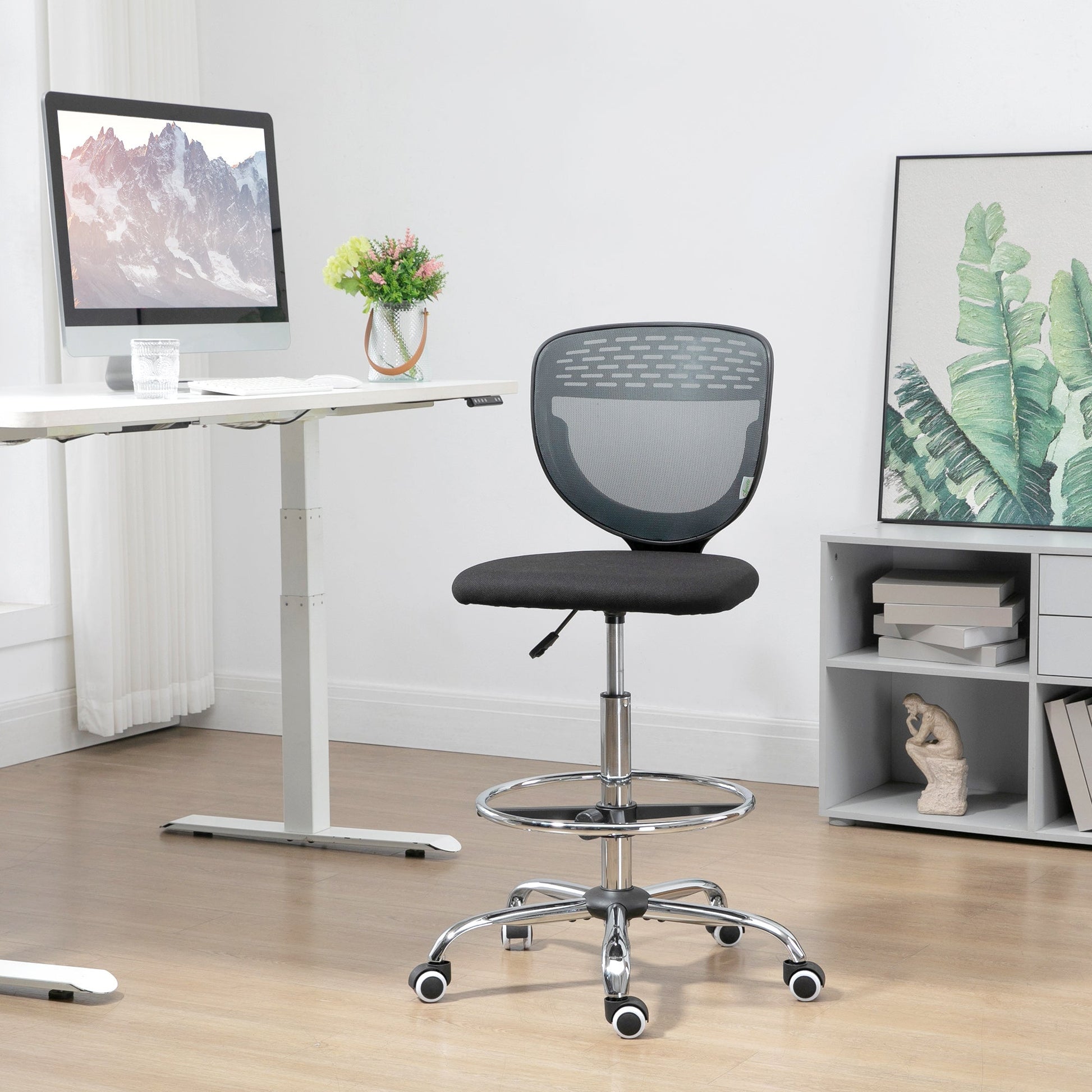 Vinsetto Drafting Chair, Swivel Office Draughtsman Chair, Mesh Standing Desk Chair with Lumbar Support, Adjustable Foot Ring, Armless, Grey