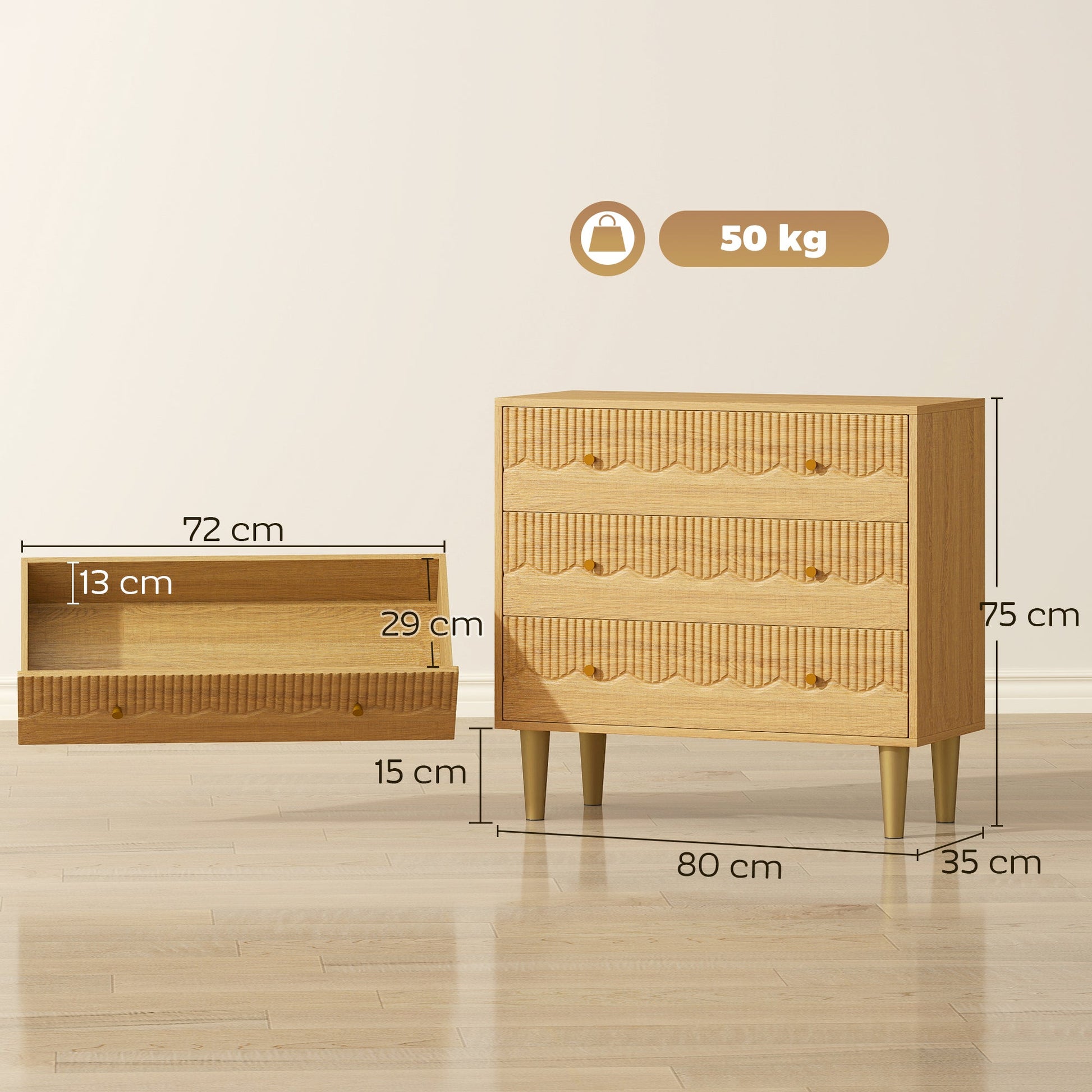 Chest of Drawers, 3 Drawer Dresser, Storage Cabinet with Steel Legs and Wooden Top for Bedroom, Living Room, Oak