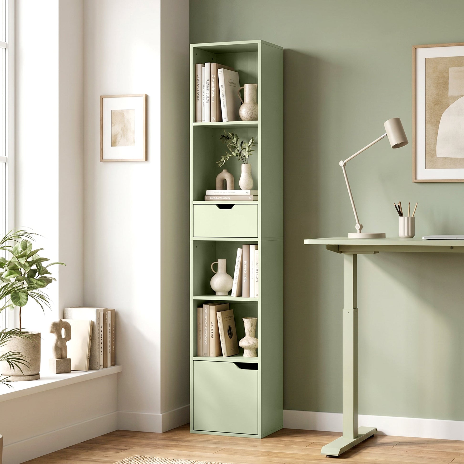 6-Tier Bookcase, Tall Narrow Bookshelf with Drawer, Door, Adjustable Shelf, Modern Display Standing Shelving Unit for Living Room, Home Office, Bedroom, 30 x 24 x 158 cm, Green