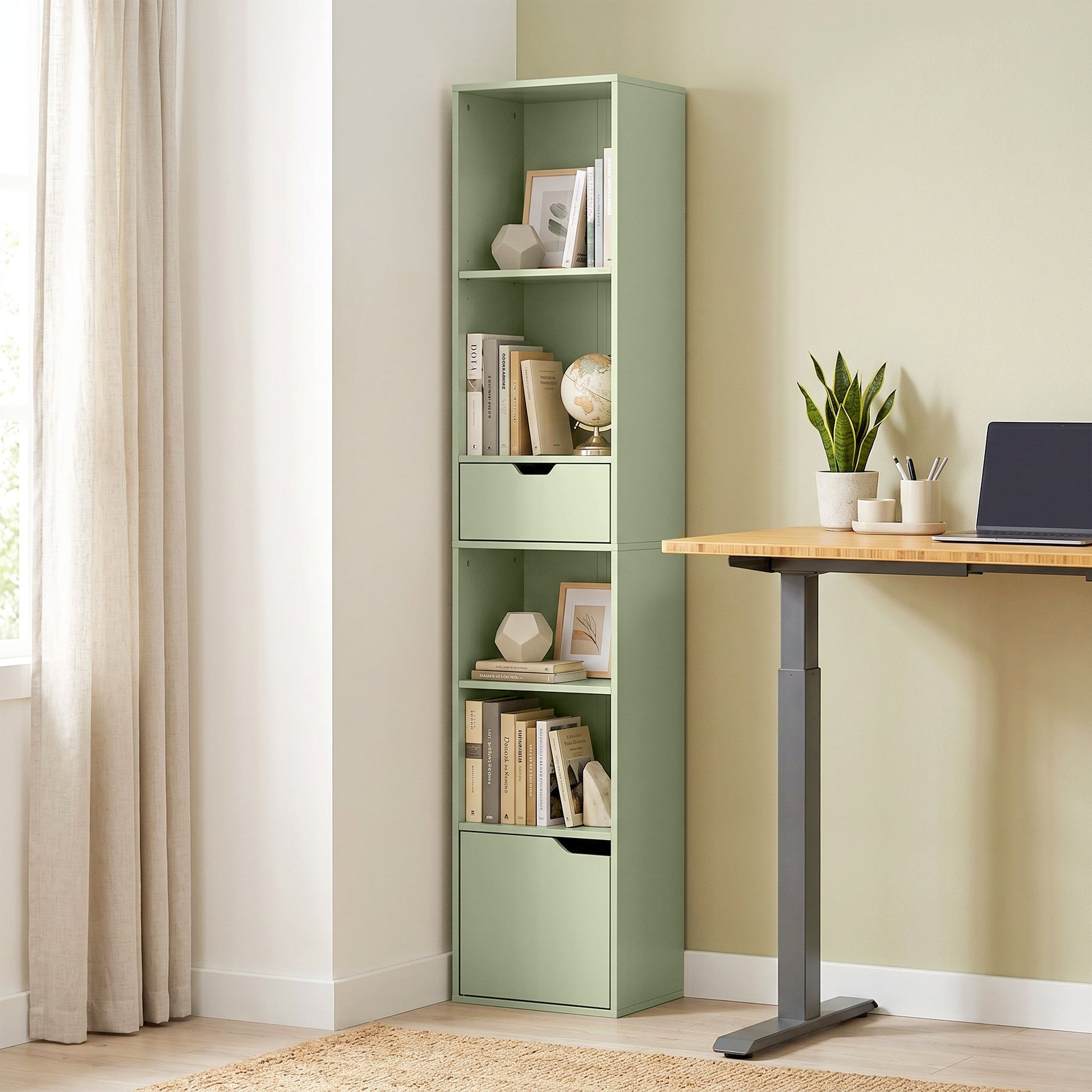 6-Tier Bookcase, Tall Narrow Bookshelf with Drawer, Door, Adjustable Shelf, Modern Display Standing Shelving Unit for Living Room, Home Office, Bedroom, 30 x 24 x 158 cm, Green