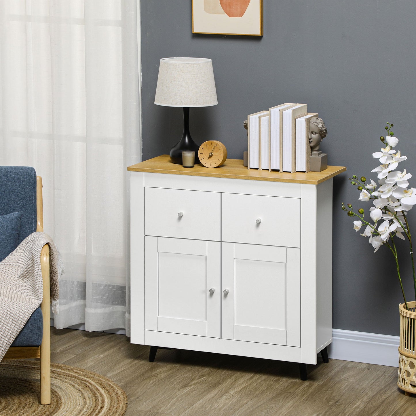 HOMCOM Sideboard Storage Cabinet, Modern Kitchen Cupboard with Double Doors and Drawers for Dining Room, Living Room and Entryway, White