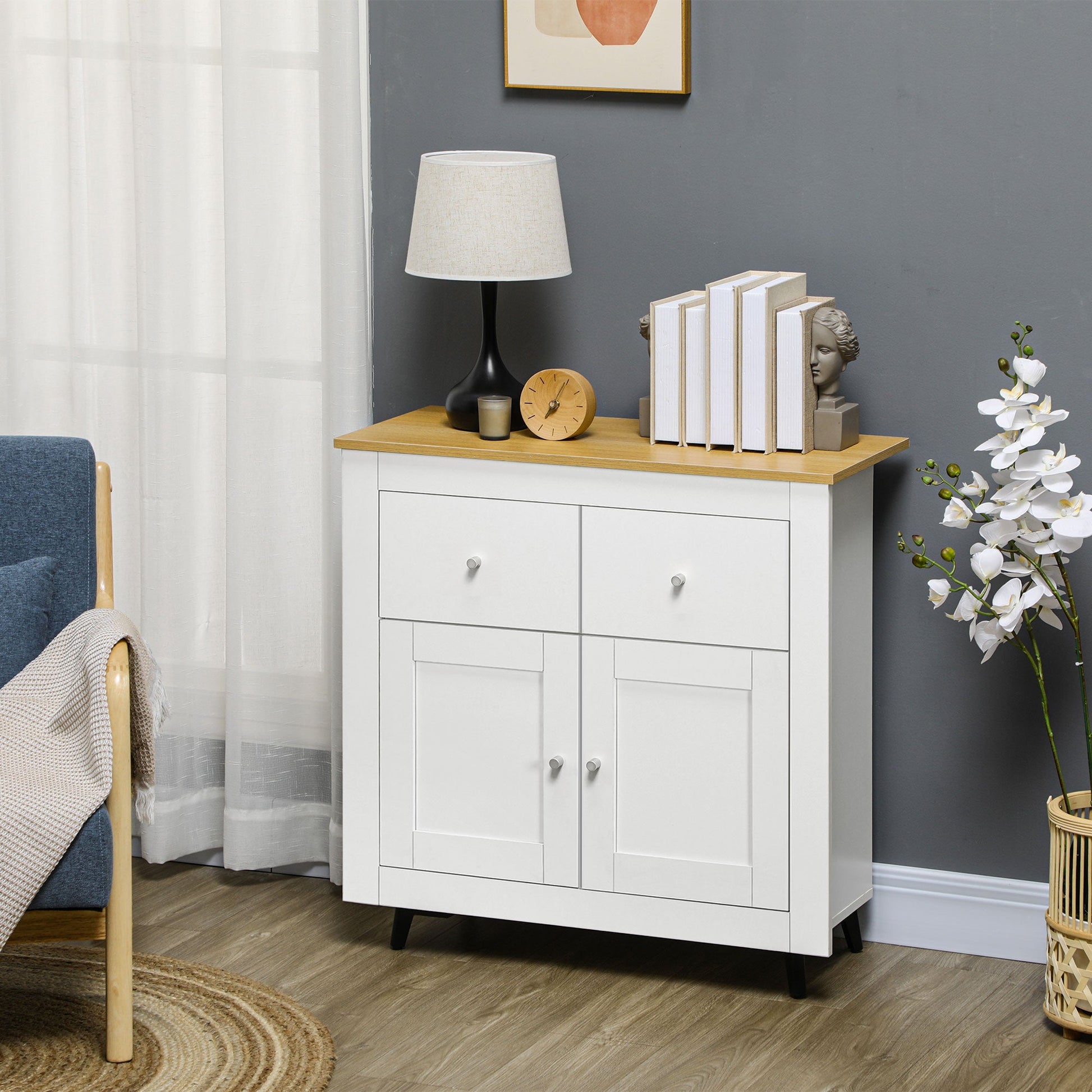 HOMCOM Sideboard Storage Cabinet, Modern Kitchen Cupboard with Double Doors and Drawers for Dining Room, Living Room and Entryway, White