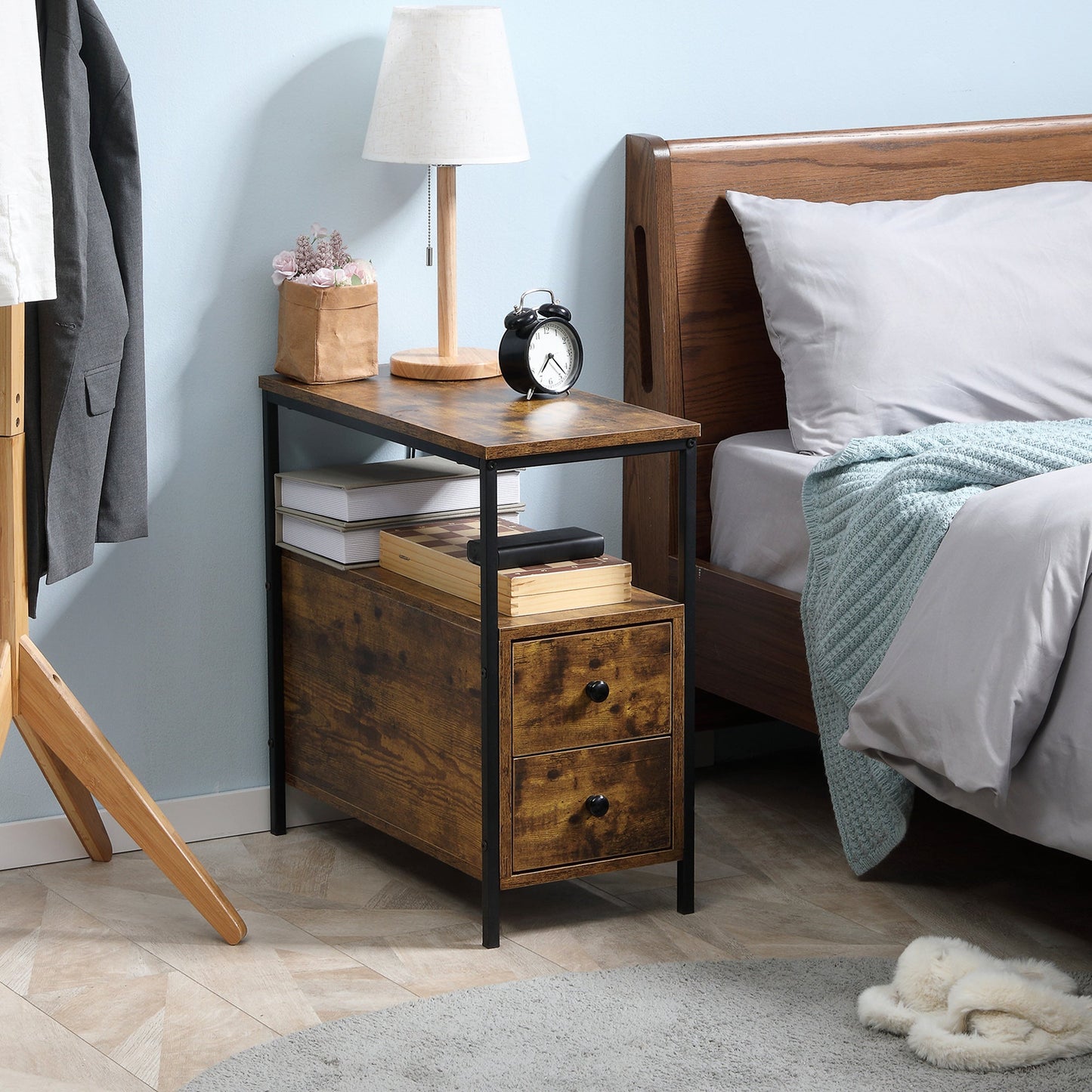 HOMCOM Side Table, Narrow Bedside Table with 2 Drawers and Storage Shelf, Industrial End Table with Metal Frame for Small Spaces, Rustic Brown