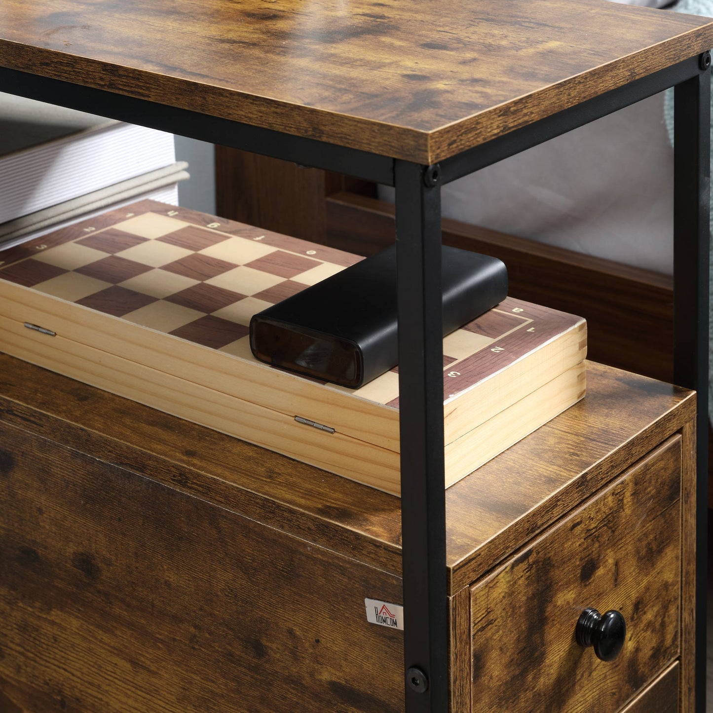 HOMCOM Side Table, Narrow Bedside Table with 2 Drawers and Storage Shelf, Industrial End Table with Metal Frame for Small Spaces, Rustic Brown