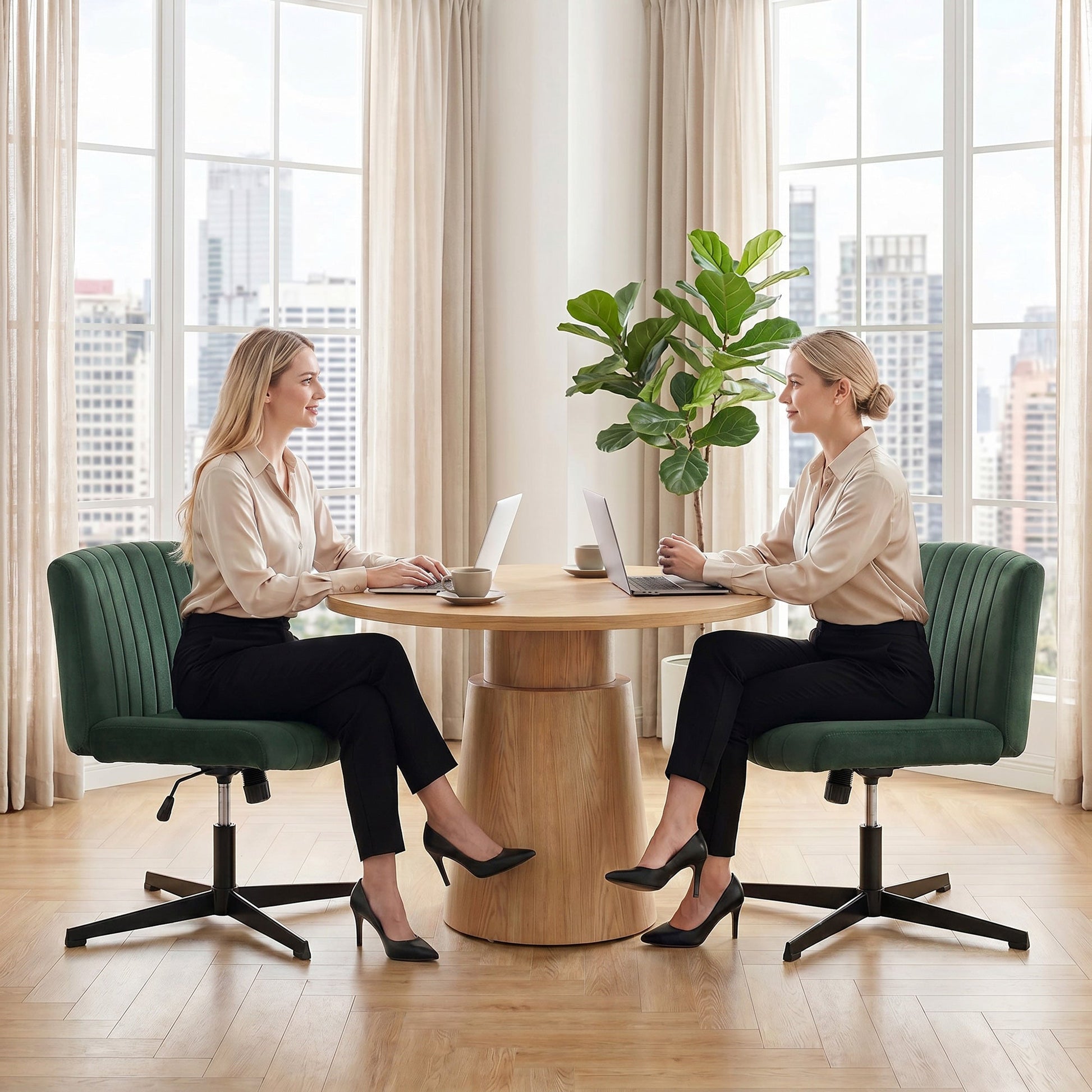 Armless Office Chair No Wheels, Flannel Criss Cross Legged Desk Chair with Wide Seat, Thick Padding, Rock Function, Height Adjustable Swivel Computer Seat for Home, Green