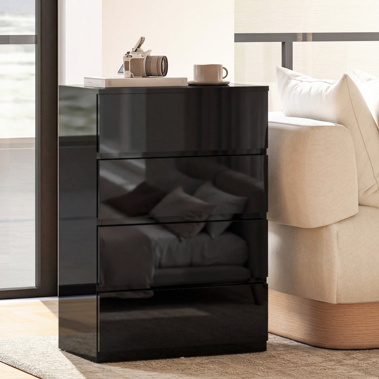 Chest of Drawers, 4 Drawers Storage Cabinet Floor Tower Cupboard for Bedroom Living Room, High Gloss Black