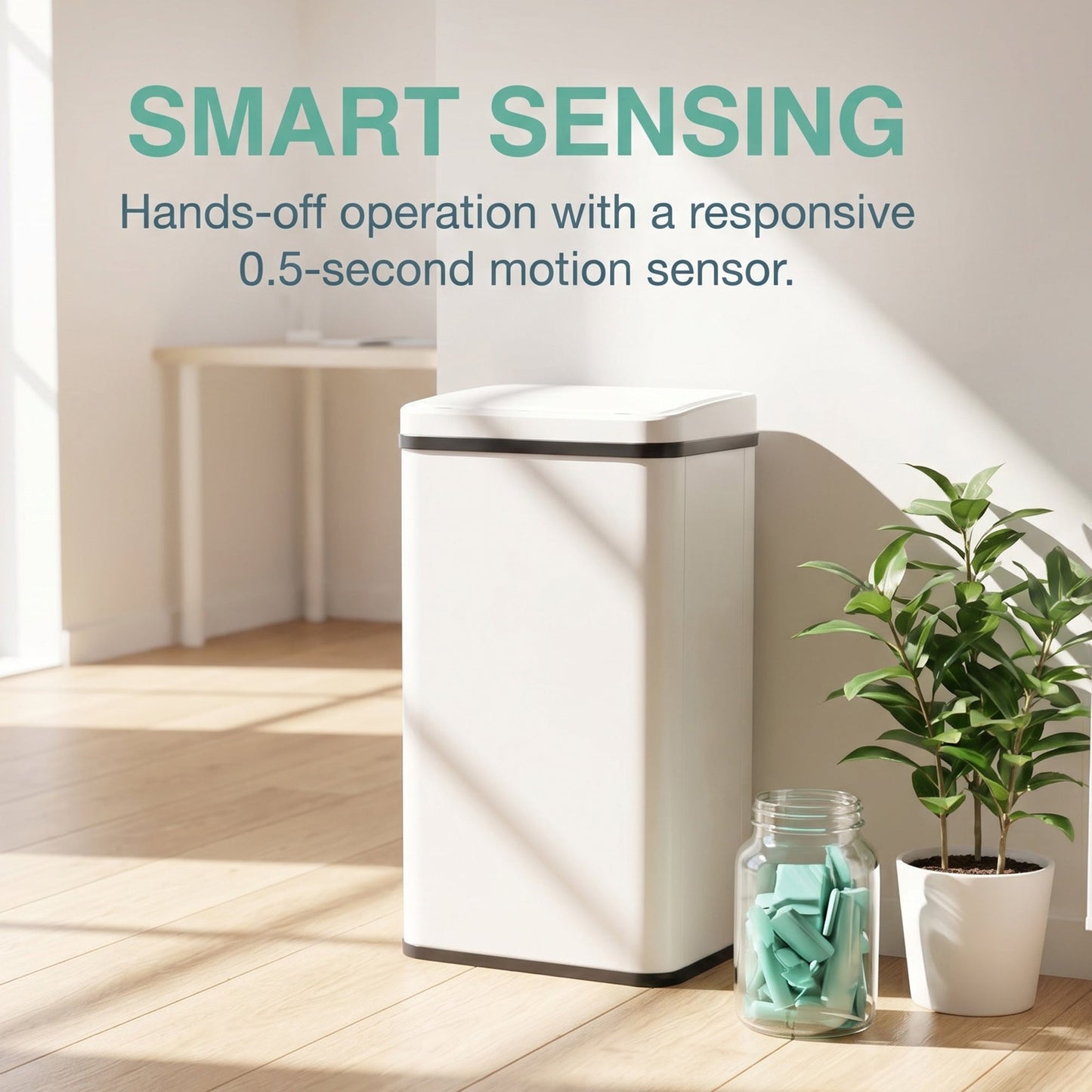 50L Sensor Bin with Quiet Soft-Close Lid, Automatic Touchless Motion Sensor Kitchen Bin with Fingerprint Resistant Stainless Steel for Hygienic Gyms, Home Office Use, White