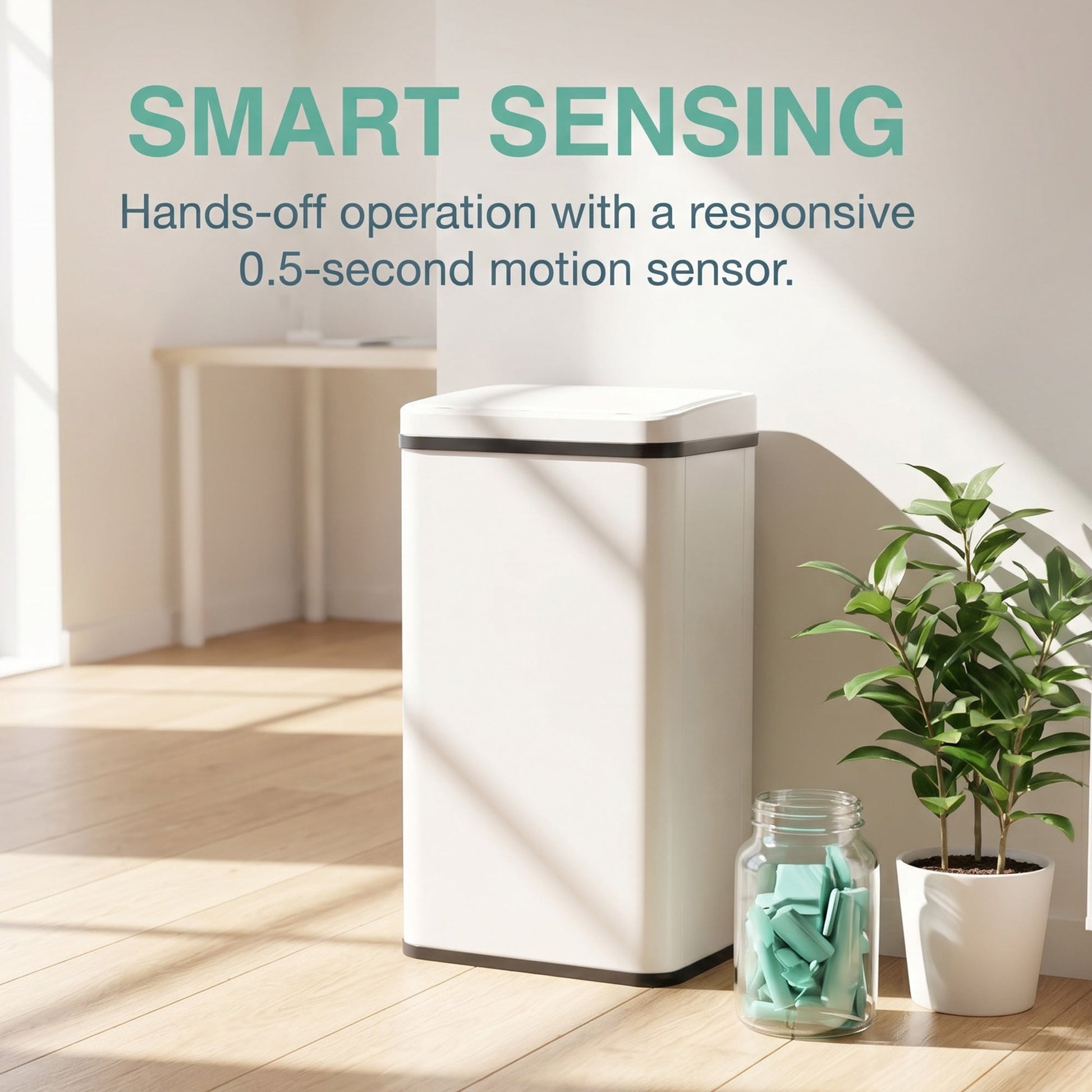 50L Sensor Bin with Quiet Soft-Close Lid, Automatic Touchless Motion Sensor Kitchen Bin with Fingerprint Resistant Stainless Steel for Hygienic Gyms, Home Office Use, White