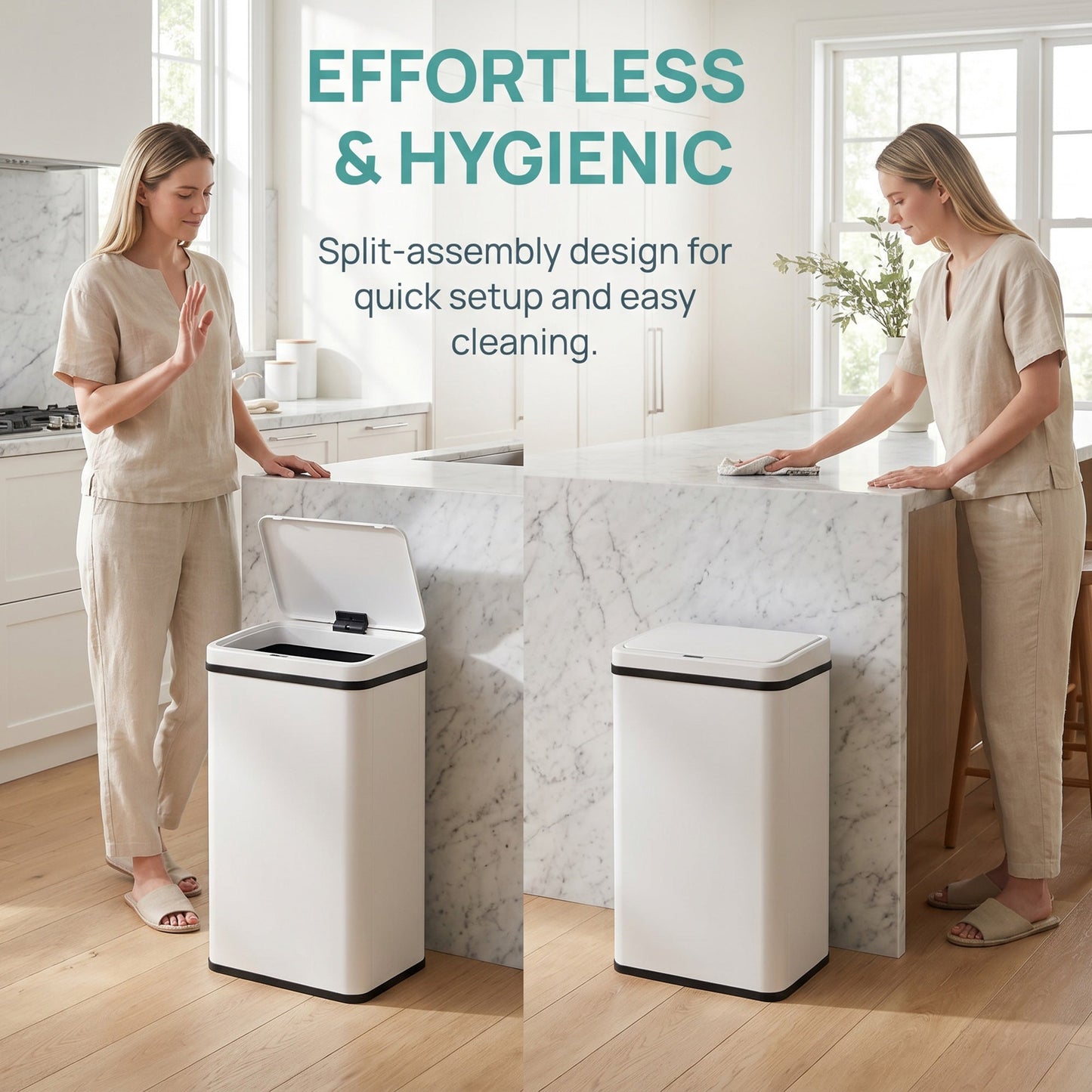 50L Sensor Bin with Quiet Soft-Close Lid, Automatic Touchless Motion Sensor Kitchen Bin with Fingerprint Resistant Stainless Steel for Hygienic Gyms, Home Office Use, White