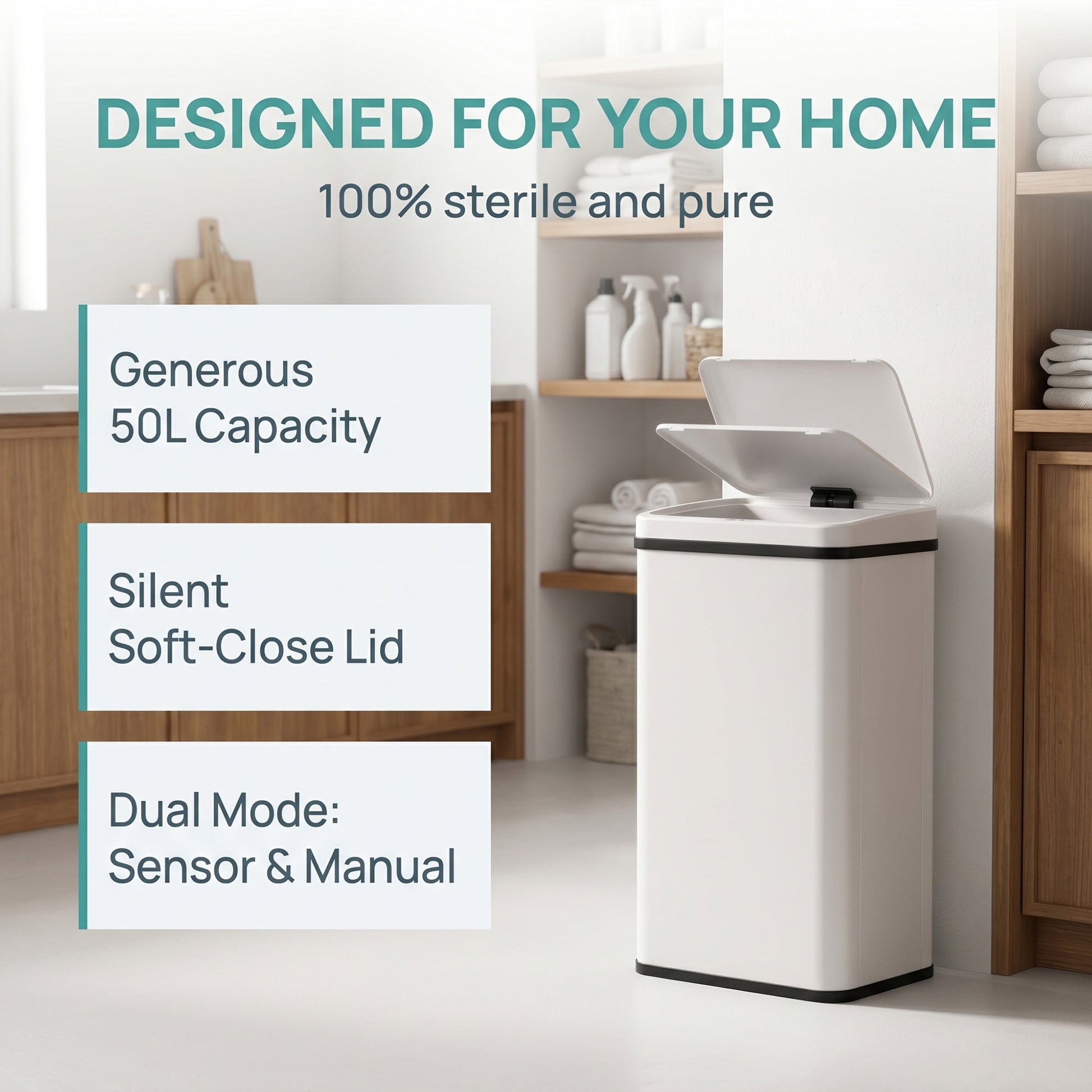 50L Sensor Bin with Quiet Soft-Close Lid, Automatic Touchless Motion Sensor Kitchen Bin with Fingerprint Resistant Stainless Steel for Hygienic Gyms, Home Office Use, White