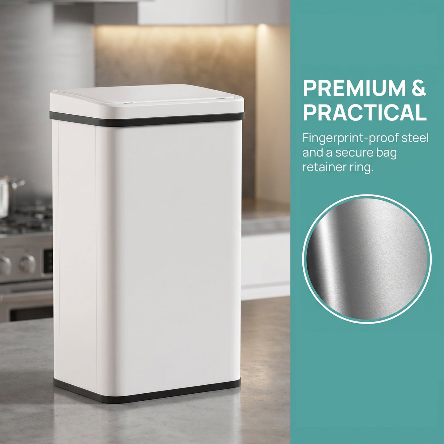 50L Sensor Bin with Quiet Soft-Close Lid, Automatic Touchless Motion Sensor Kitchen Bin with Fingerprint Resistant Stainless Steel for Hygienic Gyms, Home Office Use, White