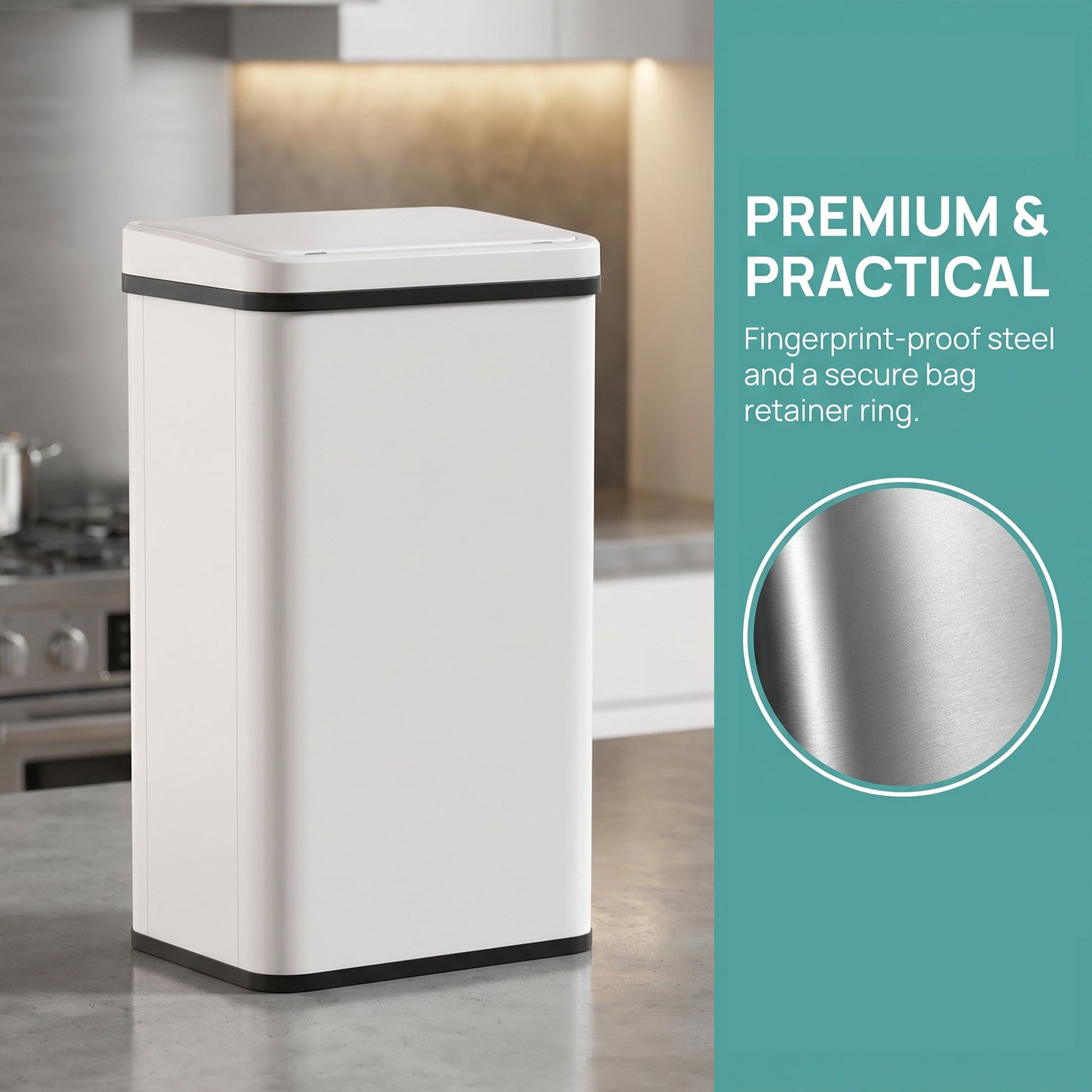 50L Sensor Bin with Quiet Soft-Close Lid, Automatic Touchless Motion Sensor Kitchen Bin with Fingerprint Resistant Stainless Steel for Hygienic Gyms, Home Office Use, White