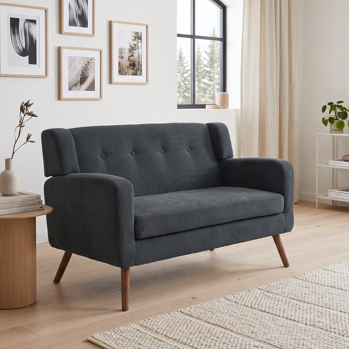 2 Seater Sofa, 118 cm Corduroy Small Sofa with Spring Cushion, Compact Tufted Loveseat Sofa Settee with Wooden Legs for Small Space, Living Room, Bedroom, Home Office, Dark Grey