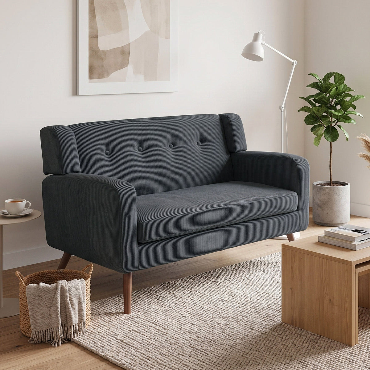 2 Seater Sofa, 118 cm Corduroy Small Sofa with Spring Cushion, Compact Tufted Loveseat Sofa Settee with Wooden Legs for Small Space, Living Room, Bedroom, Home Office, Dark Grey
