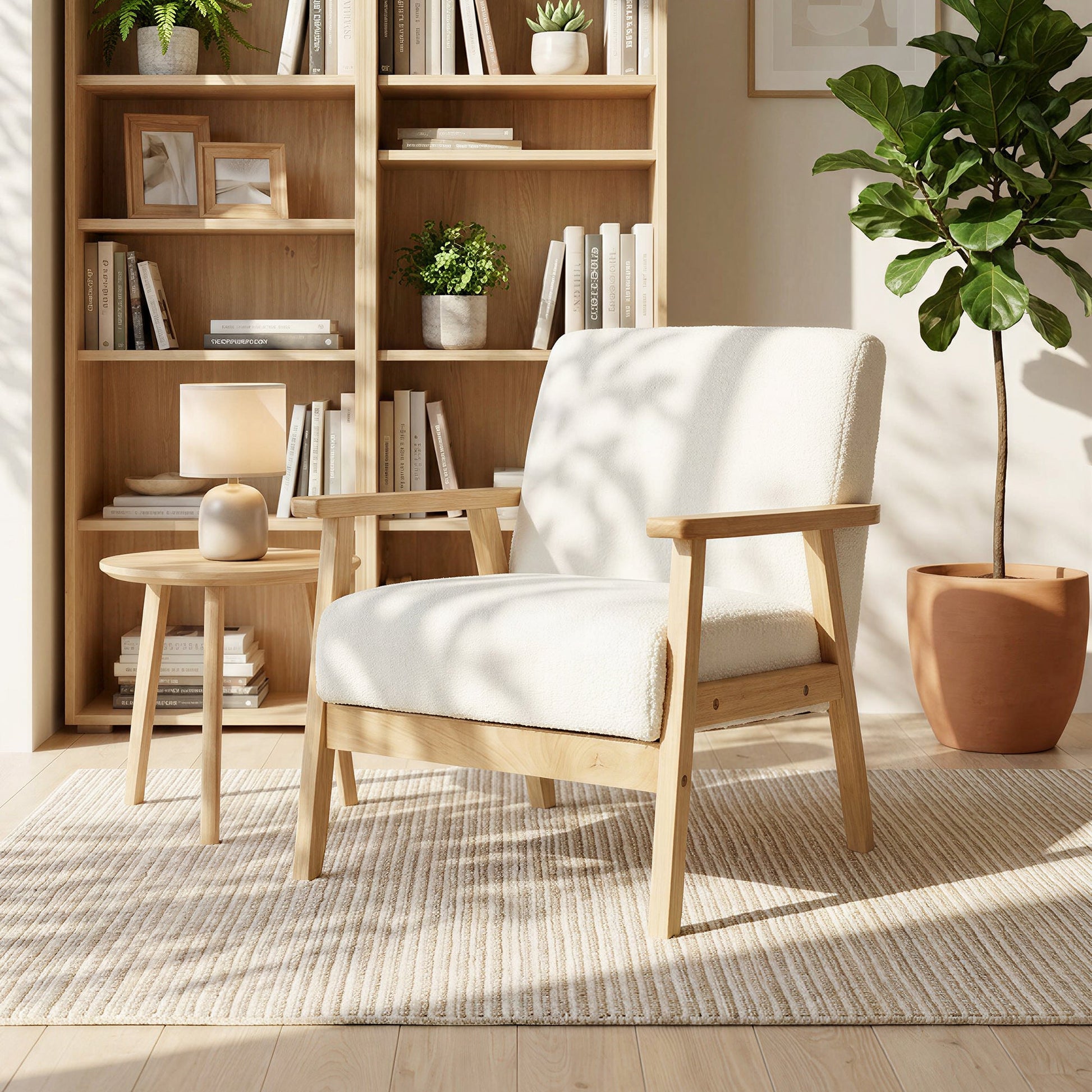Modern Armchair, Sherpa Fleece Upholstered Accent Chair with Solid Wood Legs and Wide Seat, Padding Lounge Chair for Living Room Bedroom Office, Cream White