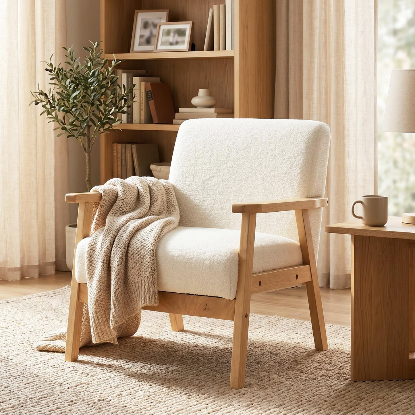 Modern Armchair, Sherpa Fleece Upholstered Accent Chair with Solid Wood Legs and Wide Seat, Padding Lounge Chair for Living Room Bedroom Office, Cream White
