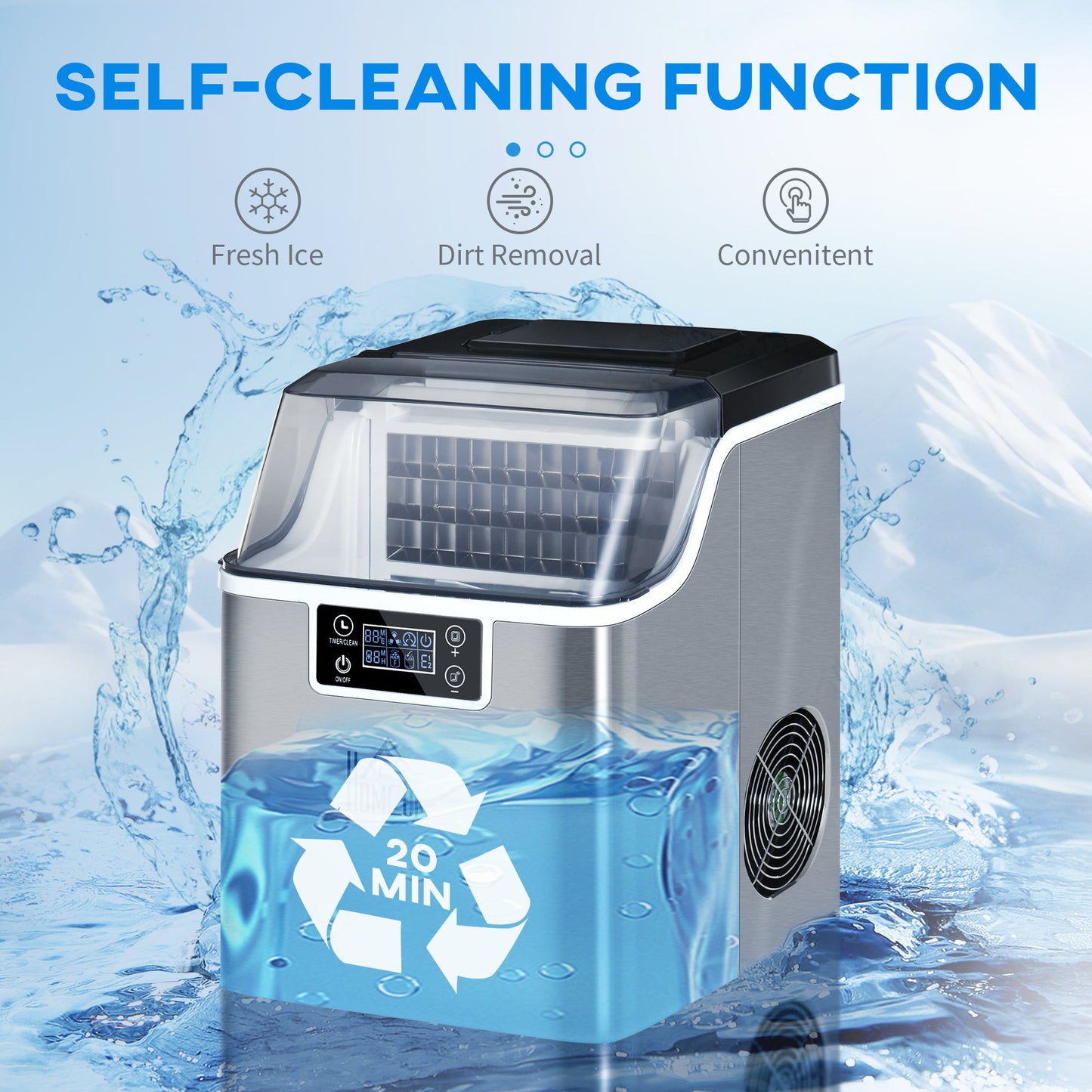 HOMCOM Ice Maker Machine Countertop, Stainless Steel Portable Ice Cube Maker, 2 Ways to Add Water, 24kg/Day, 24 Pcs Ready in 14 Mins, Self-Cleaning with Scoop & Basket, 3.2L, for Home Office, Silver