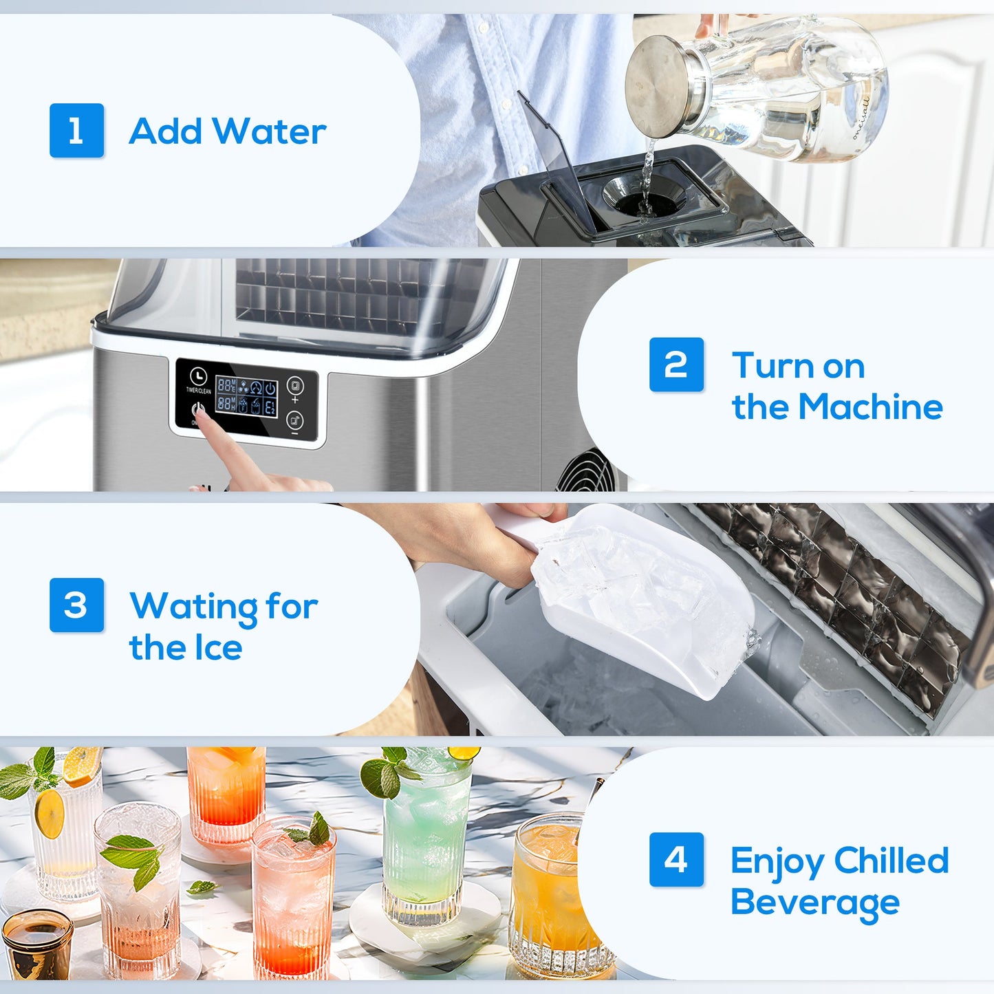 HOMCOM Ice Maker Machine Countertop, Stainless Steel Portable Ice Cube Maker, 2 Ways to Add Water, 24kg/Day, 24 Pcs Ready in 14 Mins, Self-Cleaning with Scoop & Basket, 3.2L, for Home Office, Silver