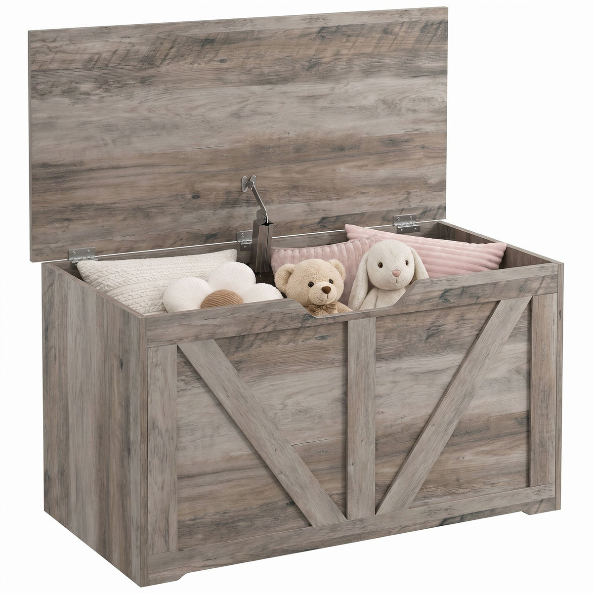 100L Storage Chest, Shoe Storage Trunk Bench Box with Safety Hinge and U-shaped Cut-out Pull, Blanket Box Ottoman for Bedroom, Living Room, Entryway, 80 x 40 x 45 cm, Grey Wood-Effect