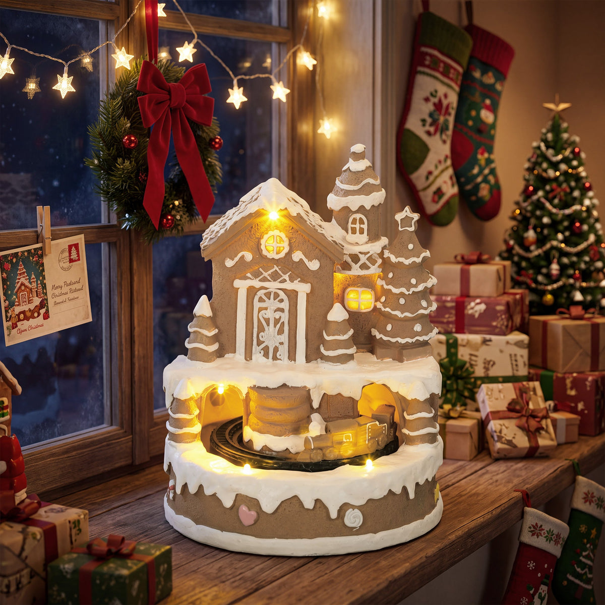 Christmas Gingerbread House, Lighted Musical Snow Village, Tabletop Polyresin Decoration with Rotating Train, 7 Warm White LED Lights, 8 Classic Christmas Tunes, Battery Operated