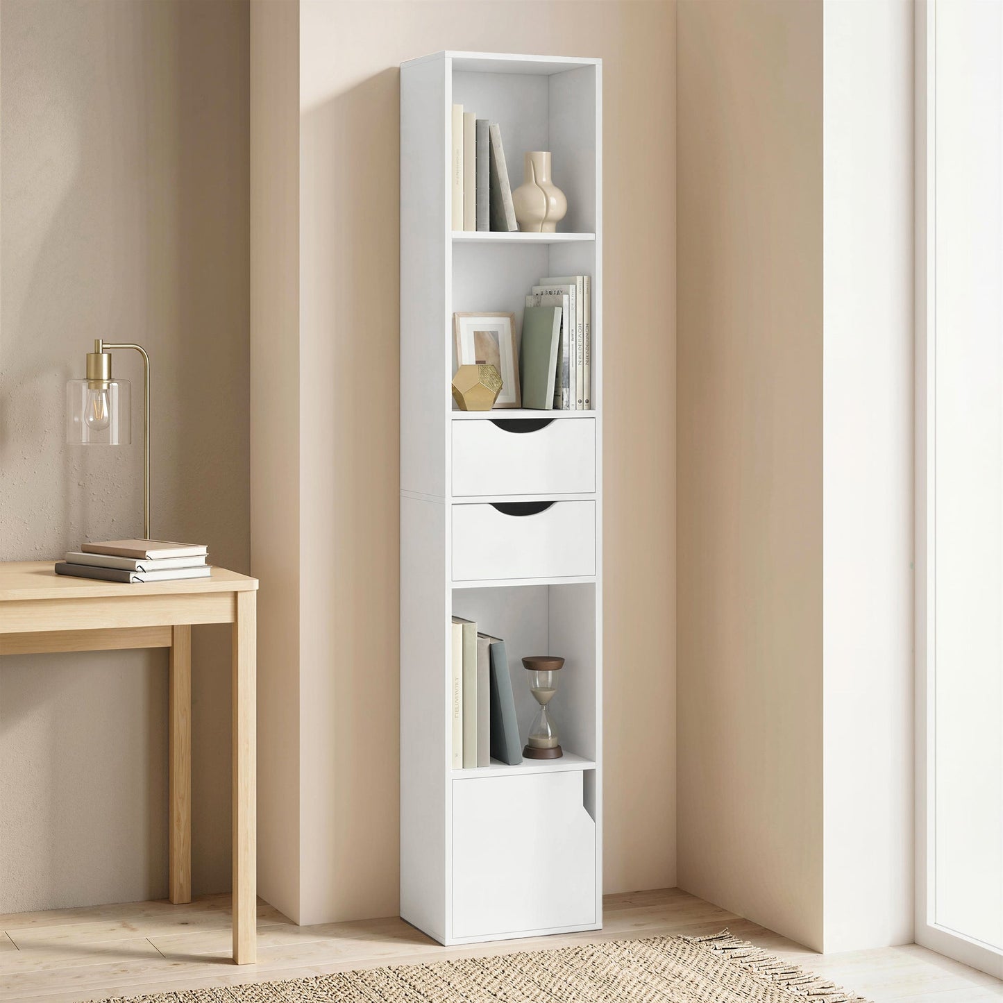 158 cm Bookcase with Drawers, 3-Tier Bookshelf, Slim Storage Cabinet with Doors, Adjustable Shelf for Living Room, Bedroom, Home Office, White