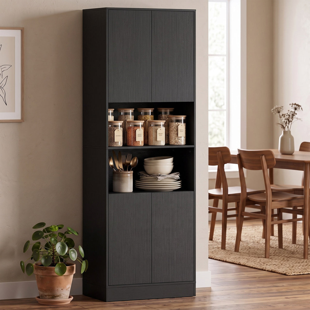 170 cm Tall Kitchen Cupboard, Pantry Storage Cabinet with Soft-Close Hinges, Freestanding Kitchen Cabinet with 2 Cupboards, 2 Open Shelves and Adjustable Shelves, Black Wood Effect