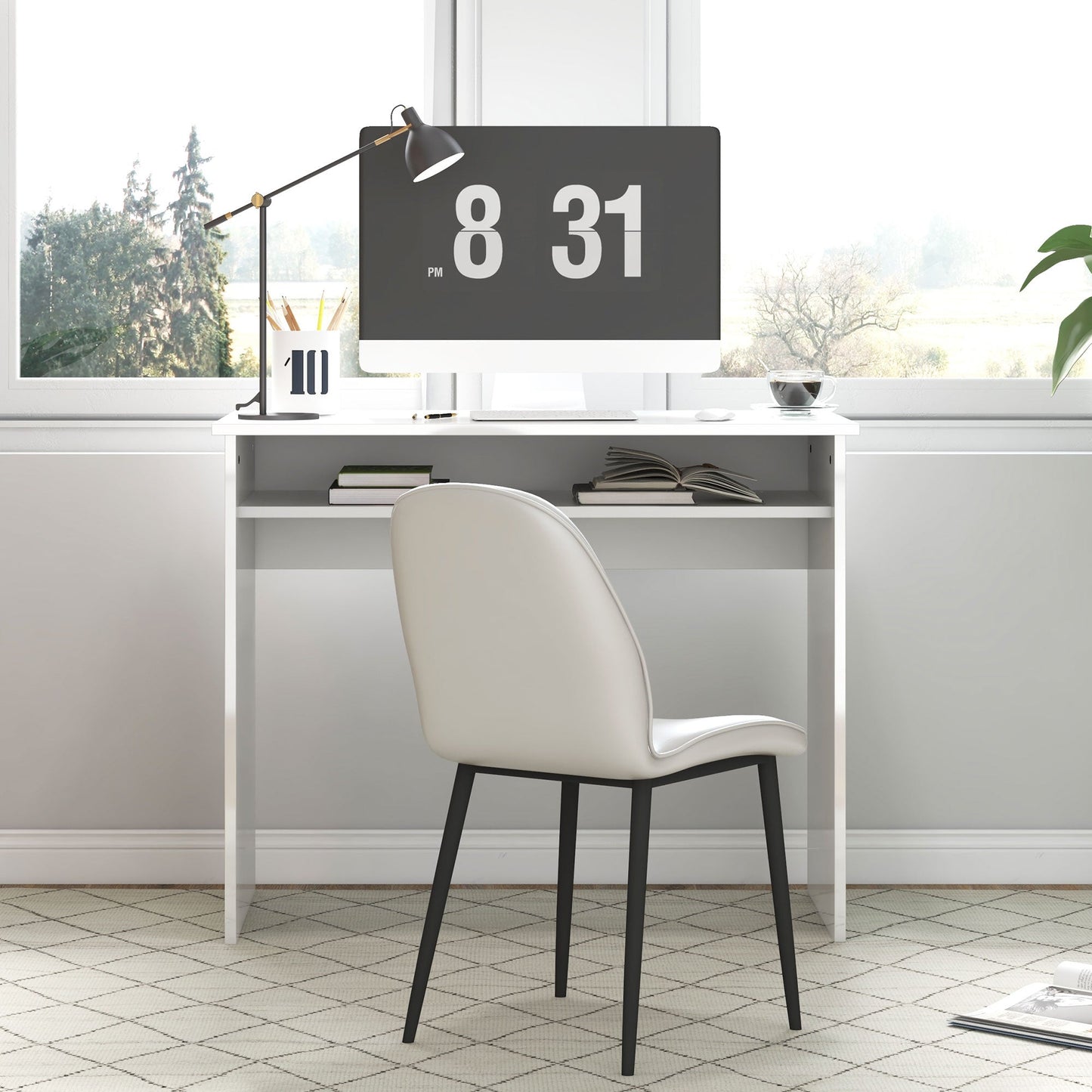 HOMCOM Modern Computer Desk, Home Office Table, Small Writing Desk with Storage Shelf, 90 x 50cm, High Gloss White