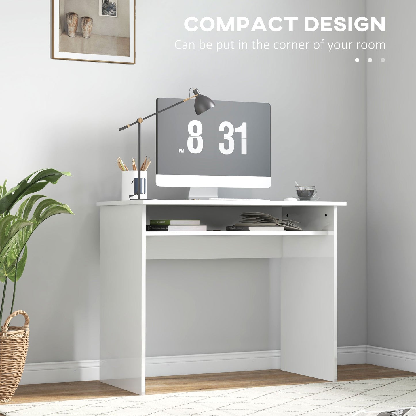 HOMCOM Modern Computer Desk, Home Office Table, Small Writing Desk with Storage Shelf, 90 x 50cm, High Gloss White