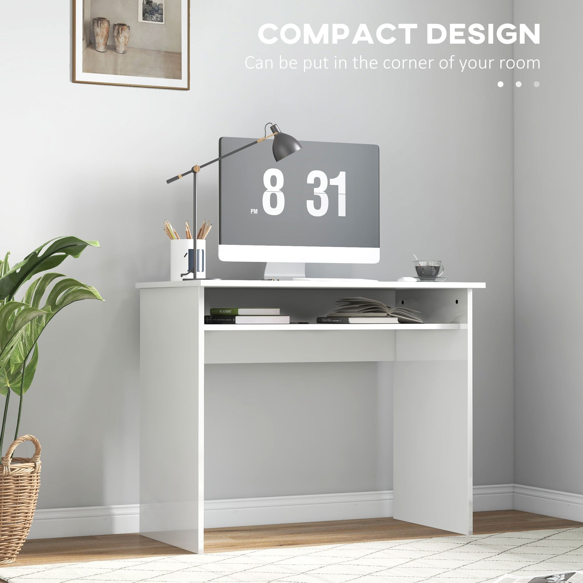 HOMCOM Modern Computer Desk, Home Office Table, Small Writing Desk with Storage Shelf, 90 x 50cm, High Gloss White