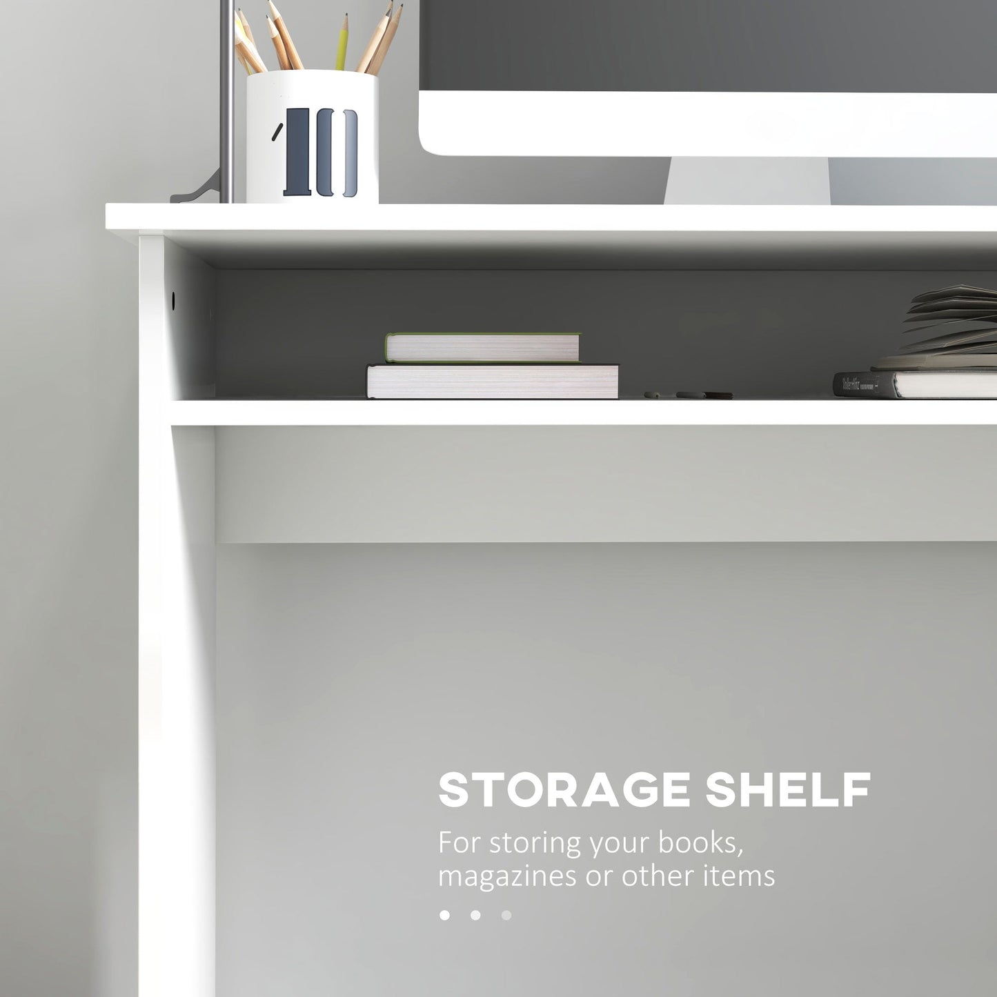 HOMCOM Modern Computer Desk, Home Office Table, Small Writing Desk with Storage Shelf, 90 x 50cm, High Gloss White