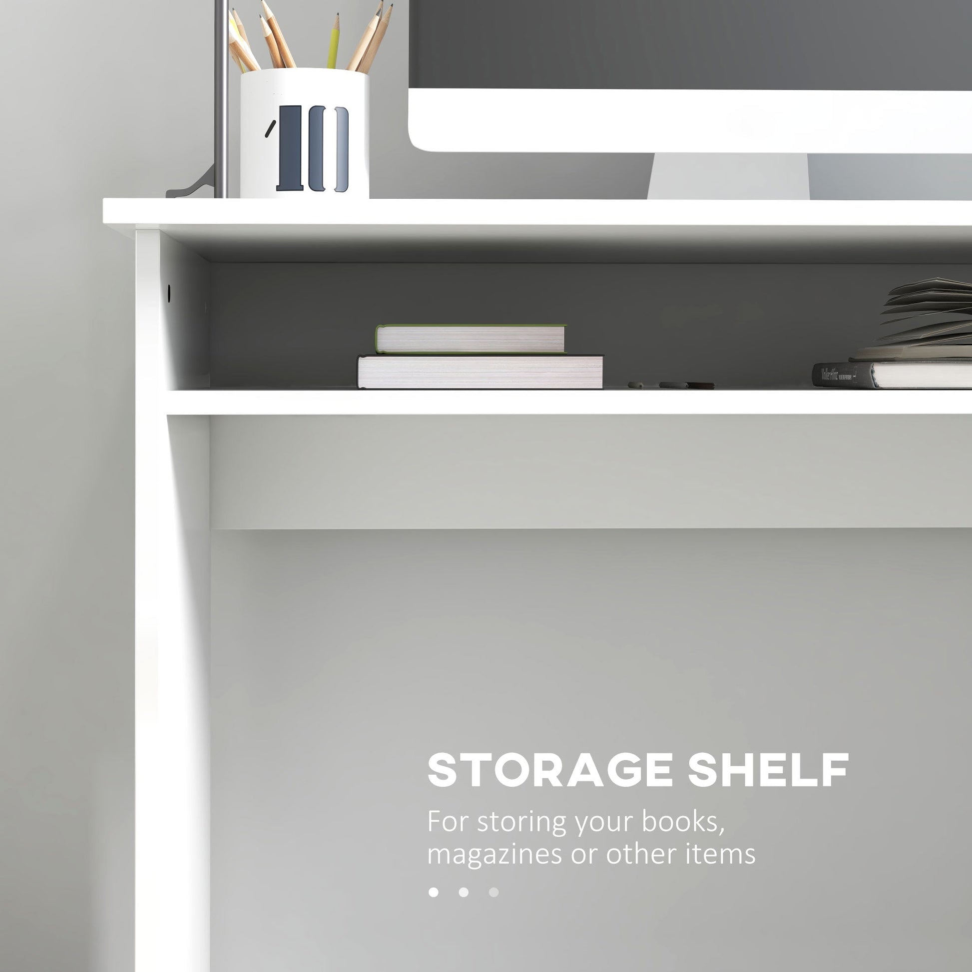 HOMCOM Modern Computer Desk, Home Office Table, Small Writing Desk with Storage Shelf, 90 x 50cm, High Gloss White