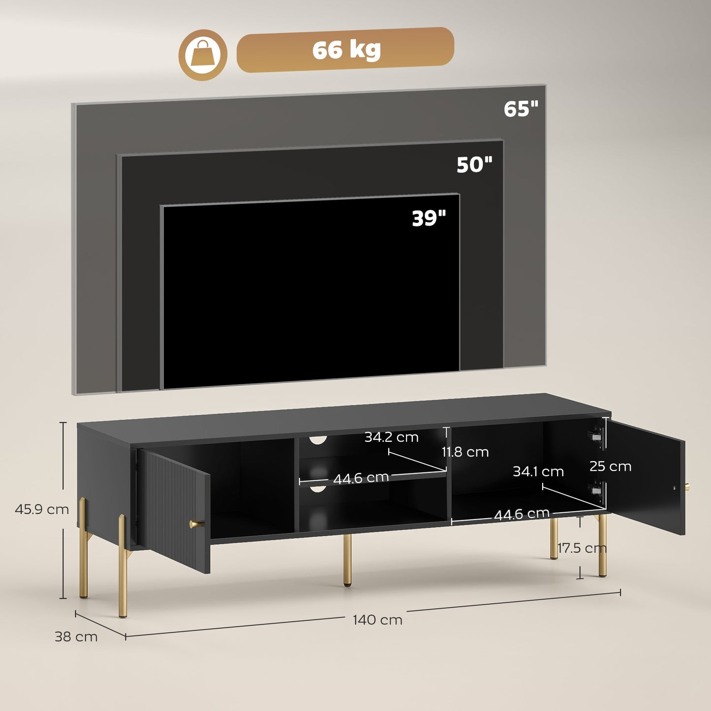 TV Stand for Television up to 65 Inch, Modern Entertainment Center with 2 Open Shelves, 2 Cabinets and 5 Steel Legs, TV Console with 2 Cable Holes for Living Room, Black