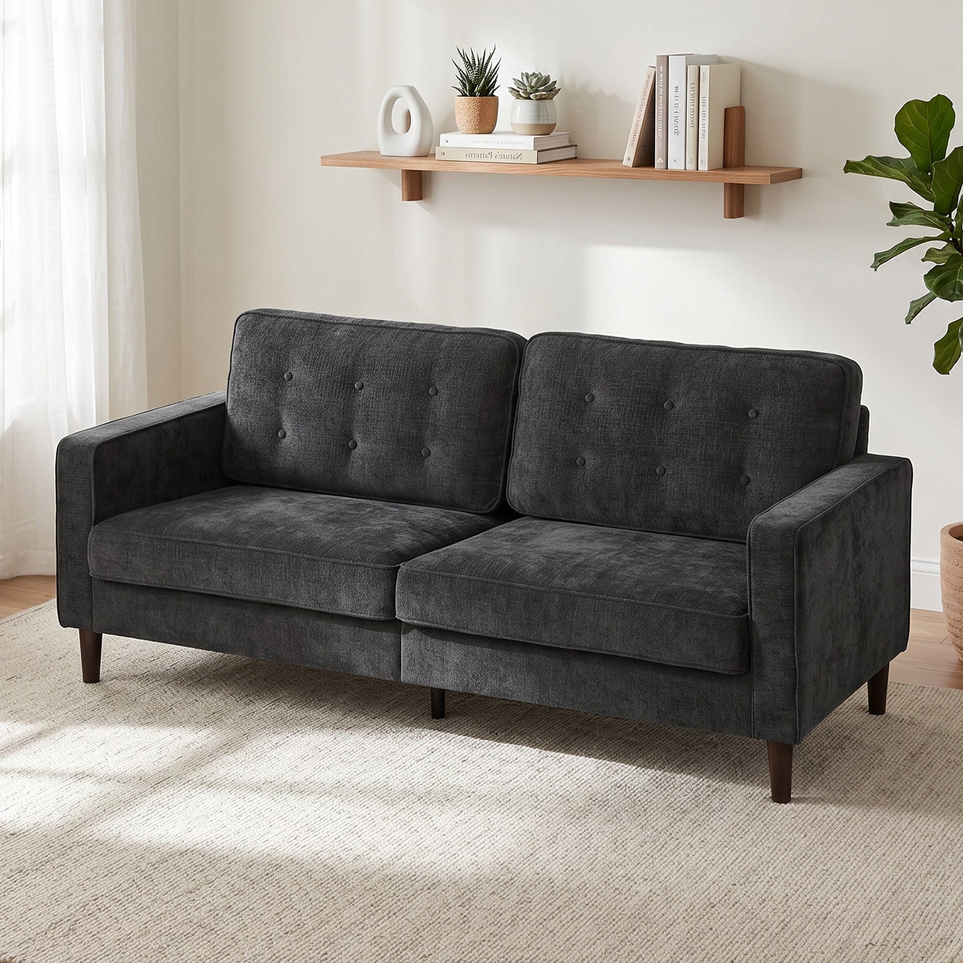 3 Seater Sofa, Upholstered Small Couch for Bedroom, Modern Futon Sofa Settee with Padded Cushion, Button Tufting and Wood Legs for Living Room, Dark Grey