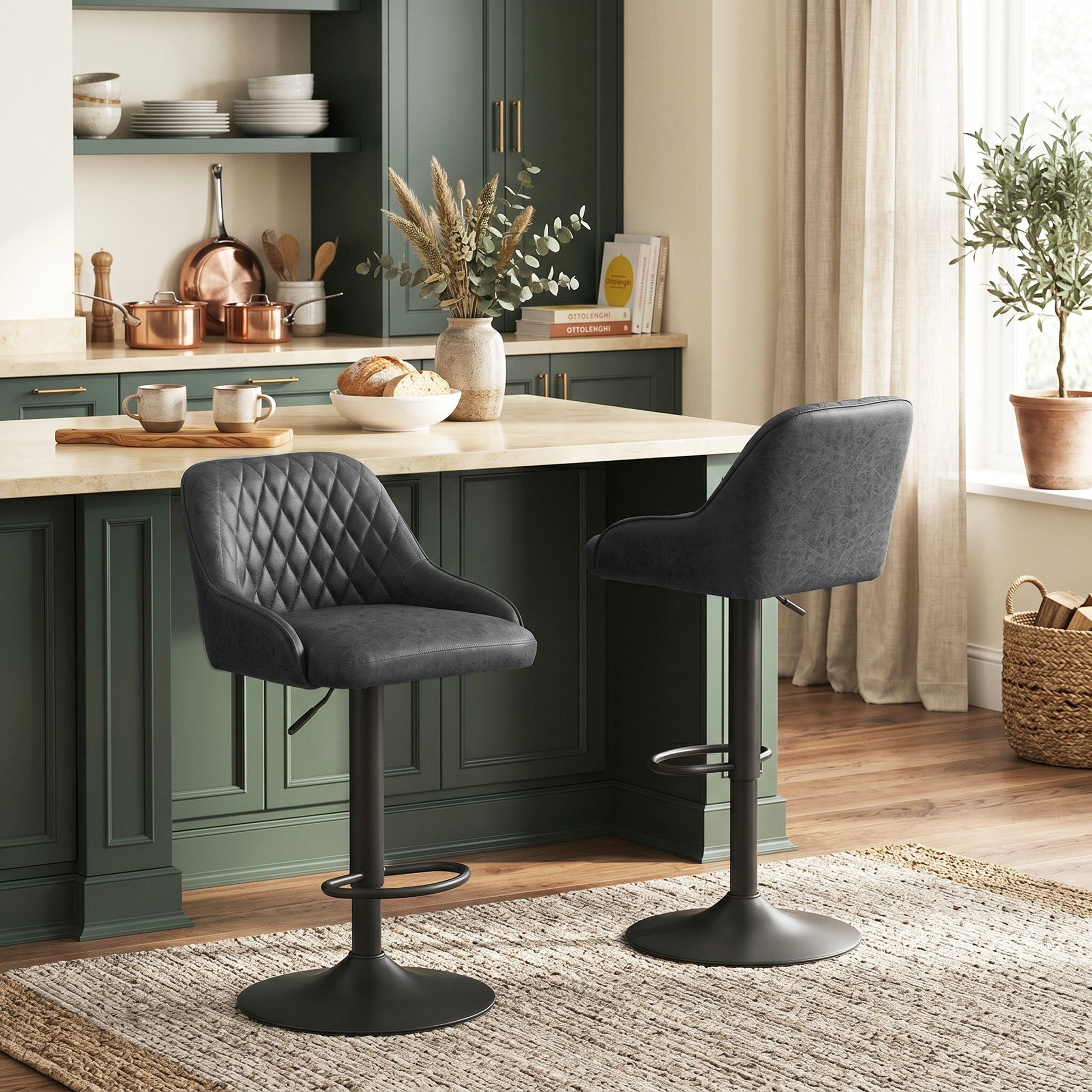 Breakfast Bar Stools Set of 2 with Wide Padded Seat, PU Leather Adjustable Swivel Bar Chairs, Modern Barstools with Footrest for Kitchen Island Counter, Home Bar, Black