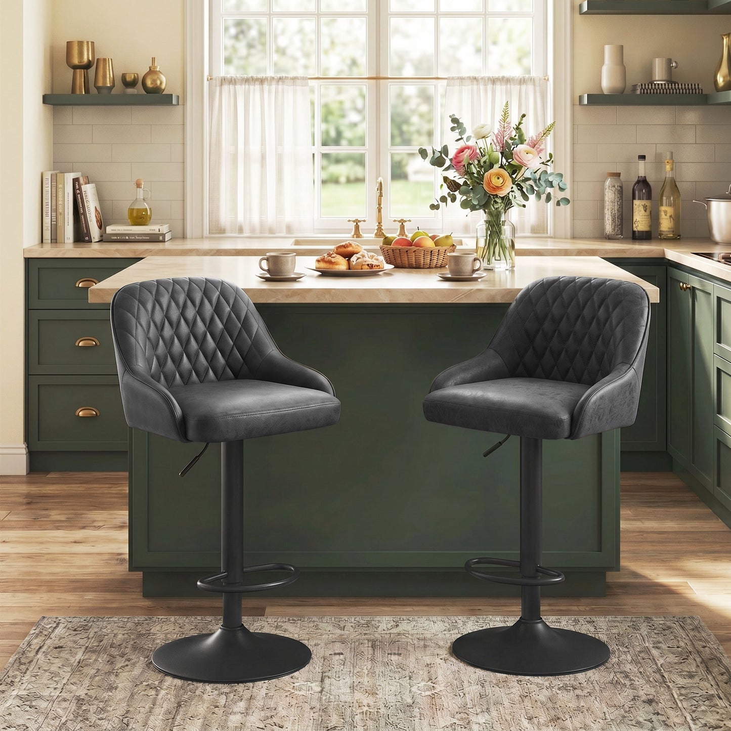 Breakfast Bar Stools Set of 2 with Wide Padded Seat, PU Leather Adjustable Swivel Bar Chairs, Modern Barstools with Footrest for Kitchen Island Counter, Home Bar, Black