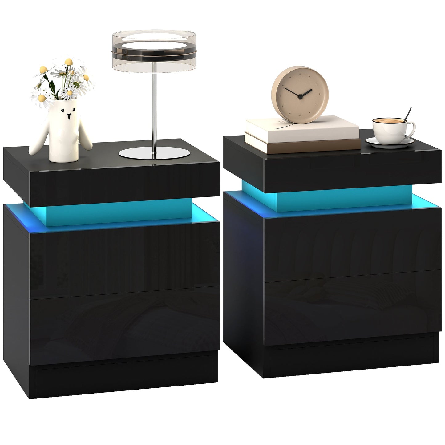 High Gloss Front Bedside Table, APP Control Nightstand with RGB LED Light and 2 Drawers, Chest of Drawers for Bedroom, Living Room, Set of 2, Black